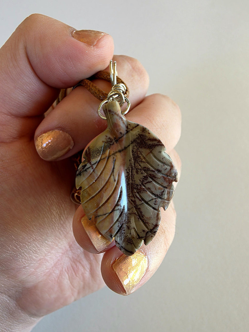 Polychrome Jasper Leaf Necklace | Carved Jasper Pendant | Earthy Crystal Jewelry | 20 Inch Cord