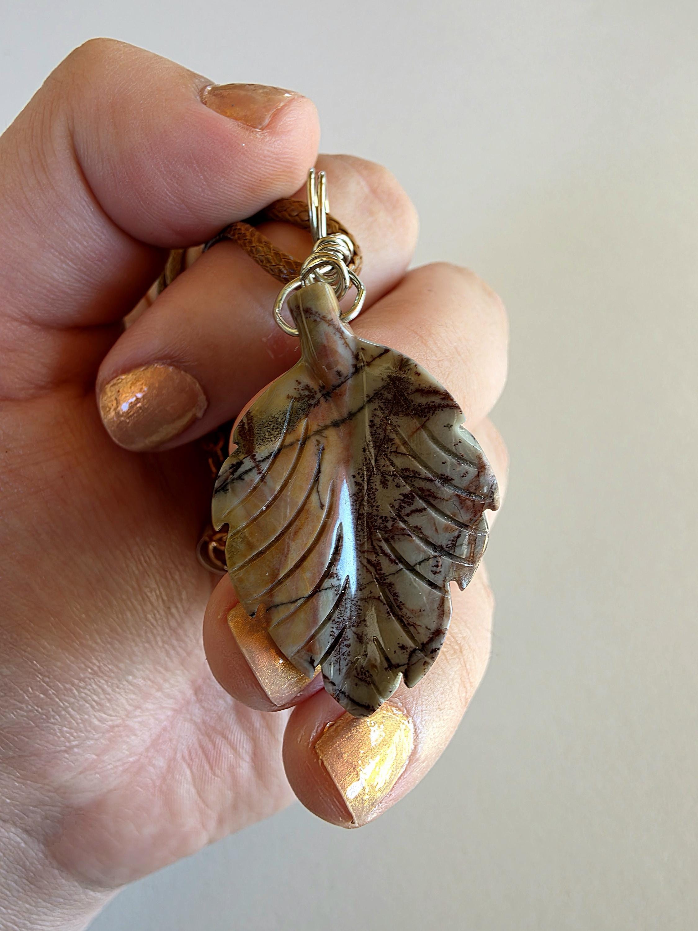 Polychrome Jasper Leaf Necklace | Carved Jasper Pendant | Earthy Crystal Jewelry | 20 Inch Cord
