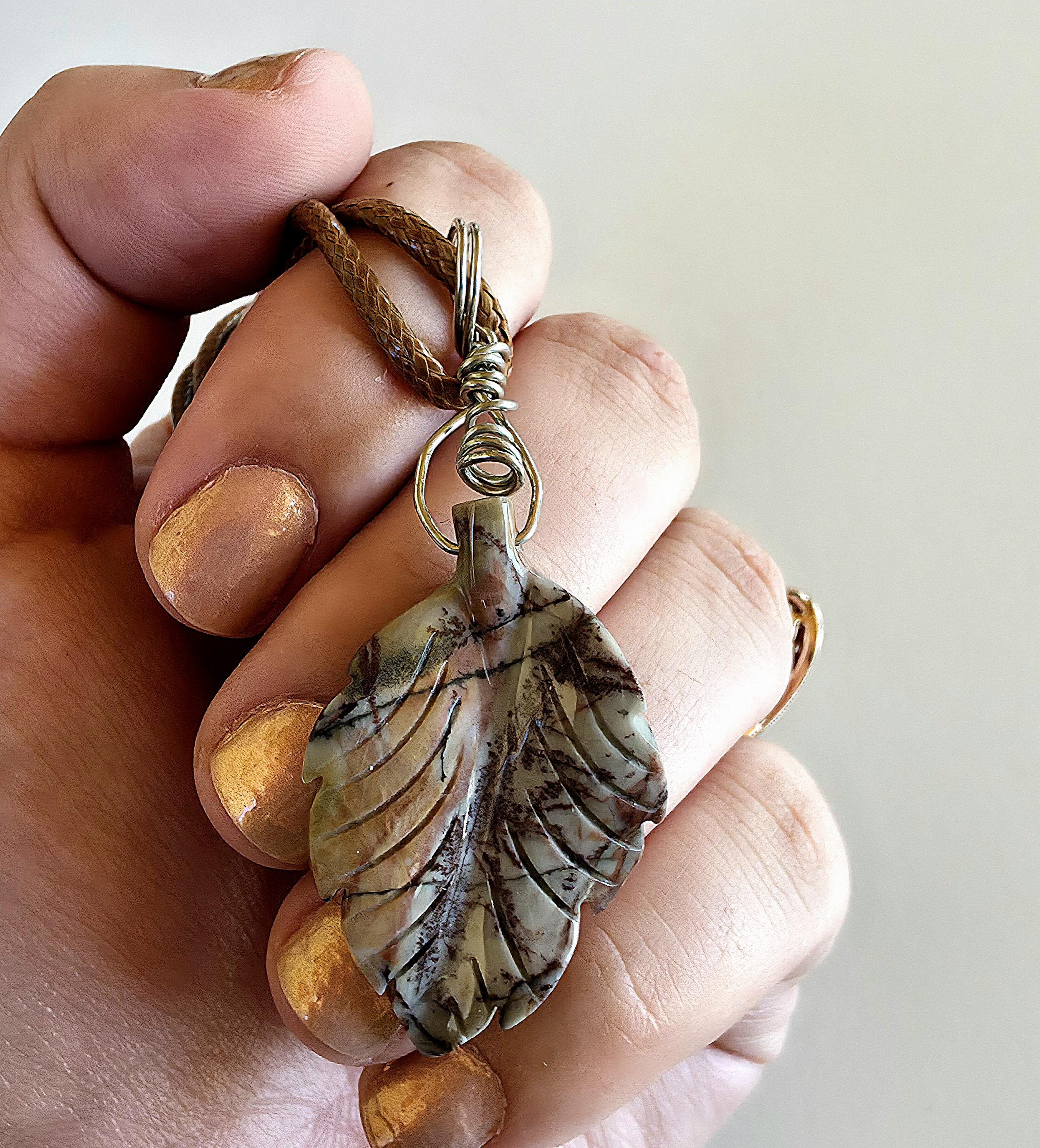Polychrome Jasper Leaf Necklace | Carved Jasper Pendant | Earthy Crystal Jewelry | 20 Inch Cord