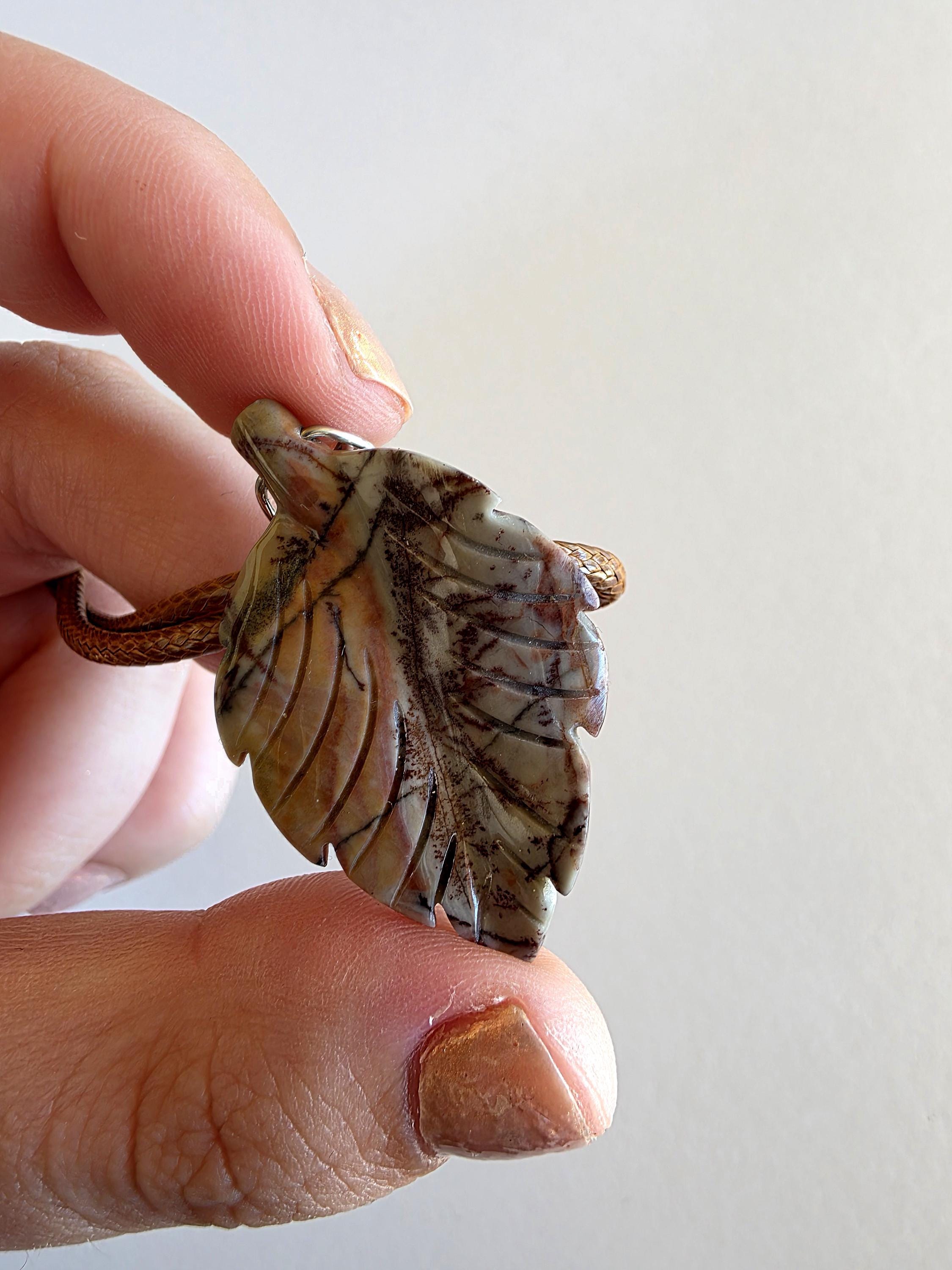 Polychrome Jasper Leaf Necklace | Carved Jasper Pendant | Earthy Crystal Jewelry | 20 Inch Cord