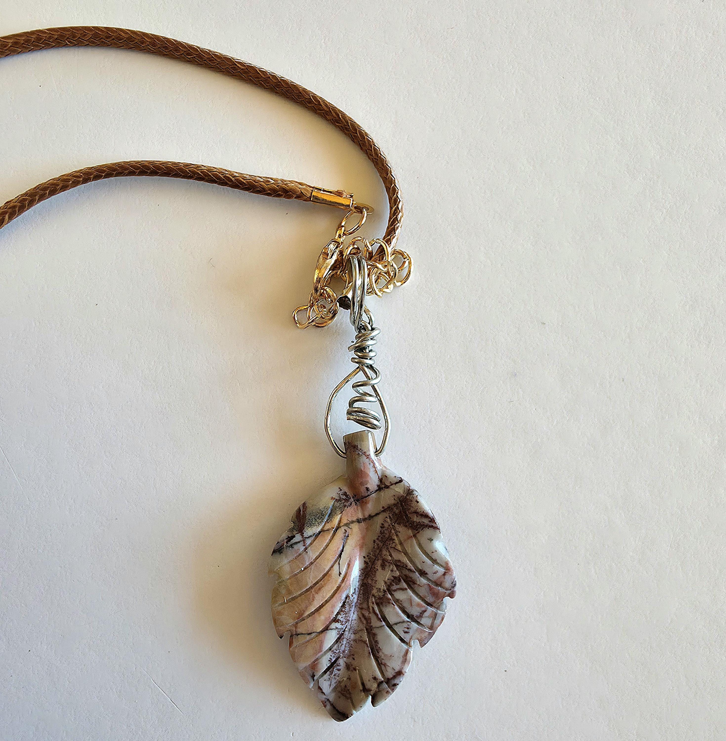 Polychrome Jasper Leaf Necklace | Carved Jasper Pendant | Earthy Crystal Jewelry | 20 Inch Cord