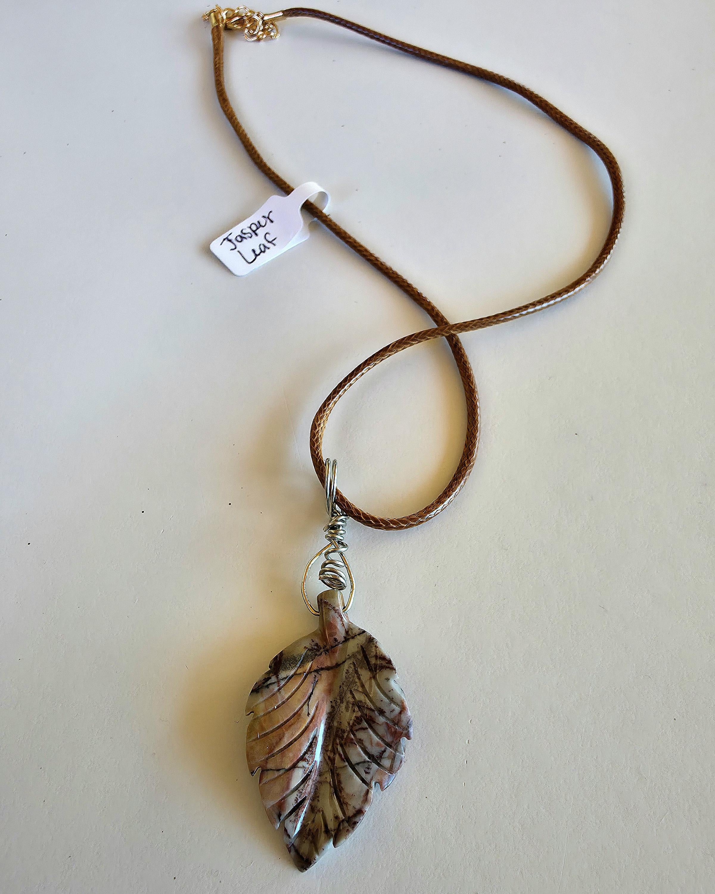 Polychrome Jasper Leaf Necklace | Carved Jasper Pendant | Earthy Crystal Jewelry | 20 Inch Cord