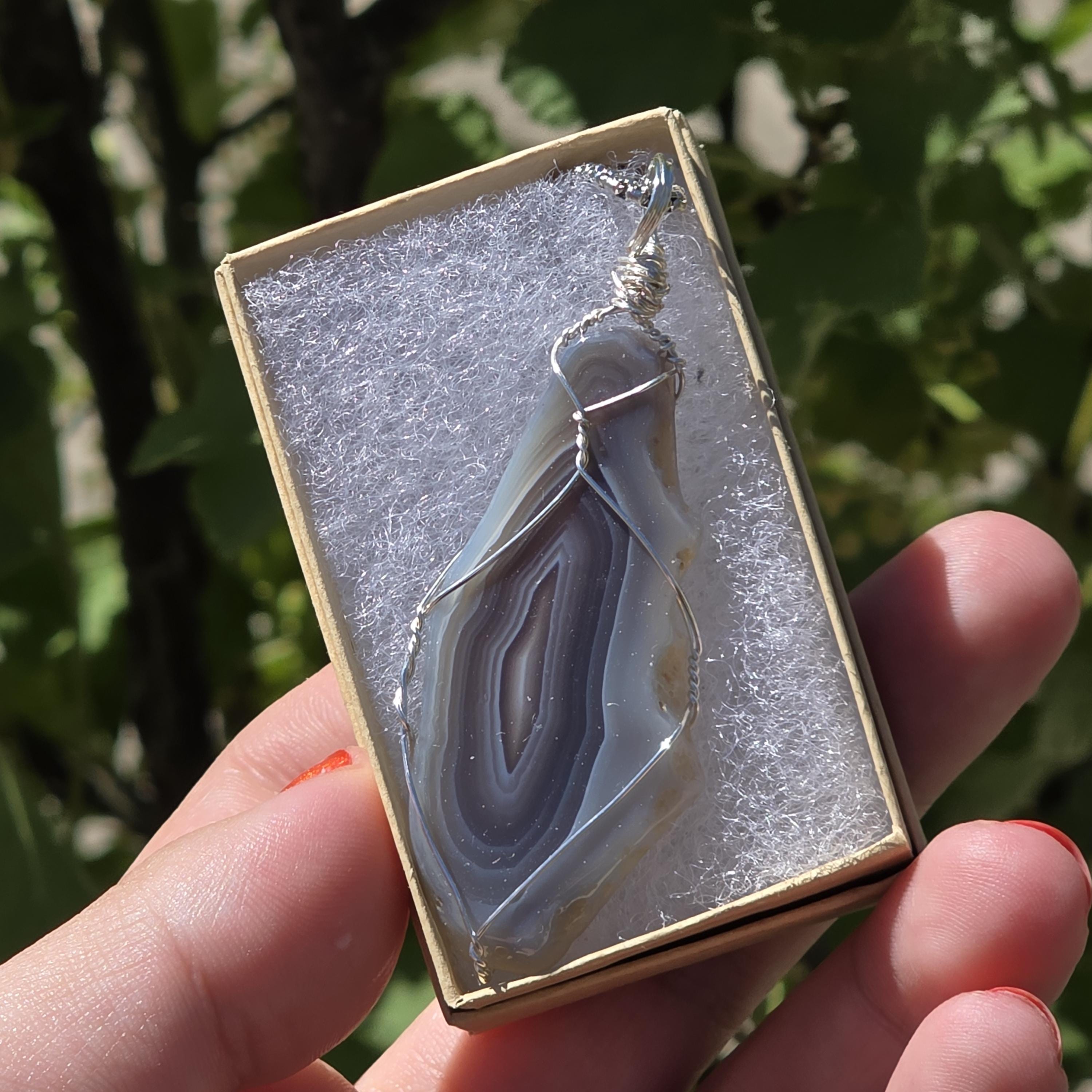 Wire Wrapped Grey Agate Necklace | Stainless Steel Crystal Necklace | Portal Agate Pendant | Natural Agate Jewelry