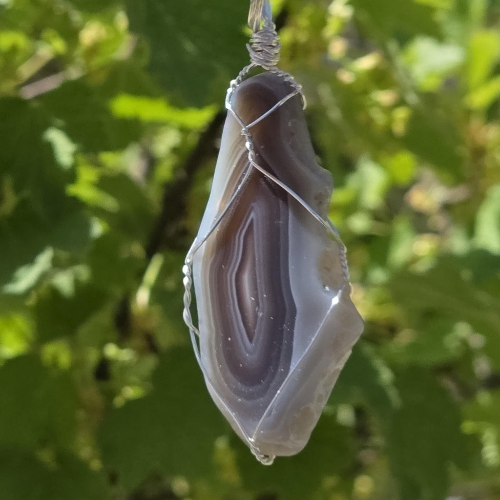 Wire Wrapped Grey Agate Necklace | Stainless Steel Crystal Necklace | Portal Agate Pendant | Natural Agate Jewelry