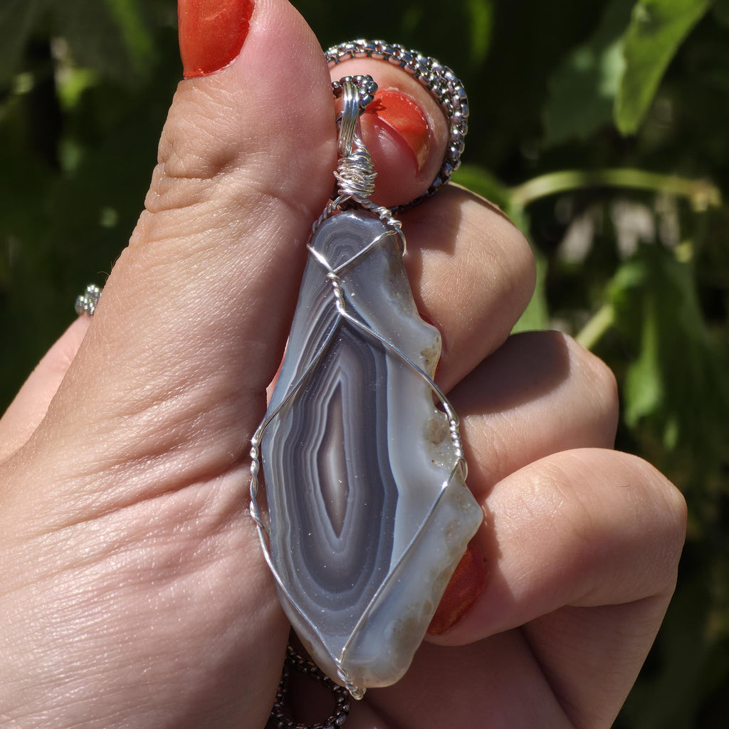 Wire Wrapped Grey Agate Necklace | Stainless Steel Crystal Necklace | Portal Agate Pendant | Natural Agate Jewelry