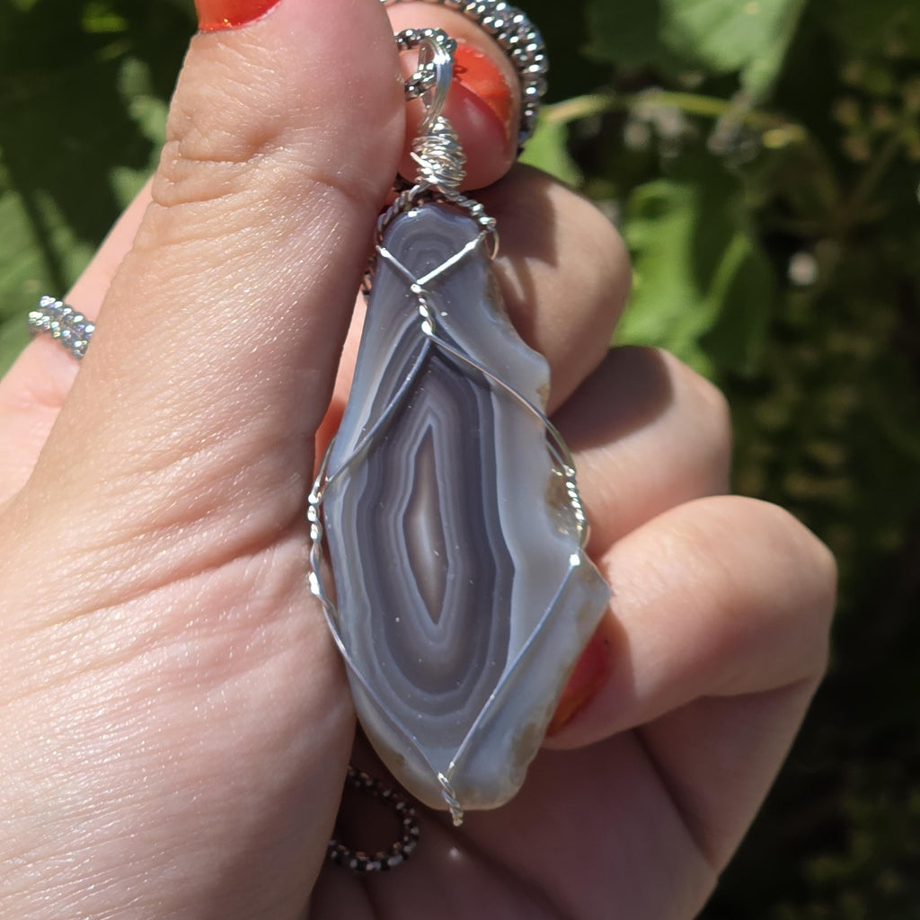 Wire Wrapped Grey Agate Necklace | Stainless Steel Crystal Necklace | Portal Agate Pendant | Natural Agate Jewelry