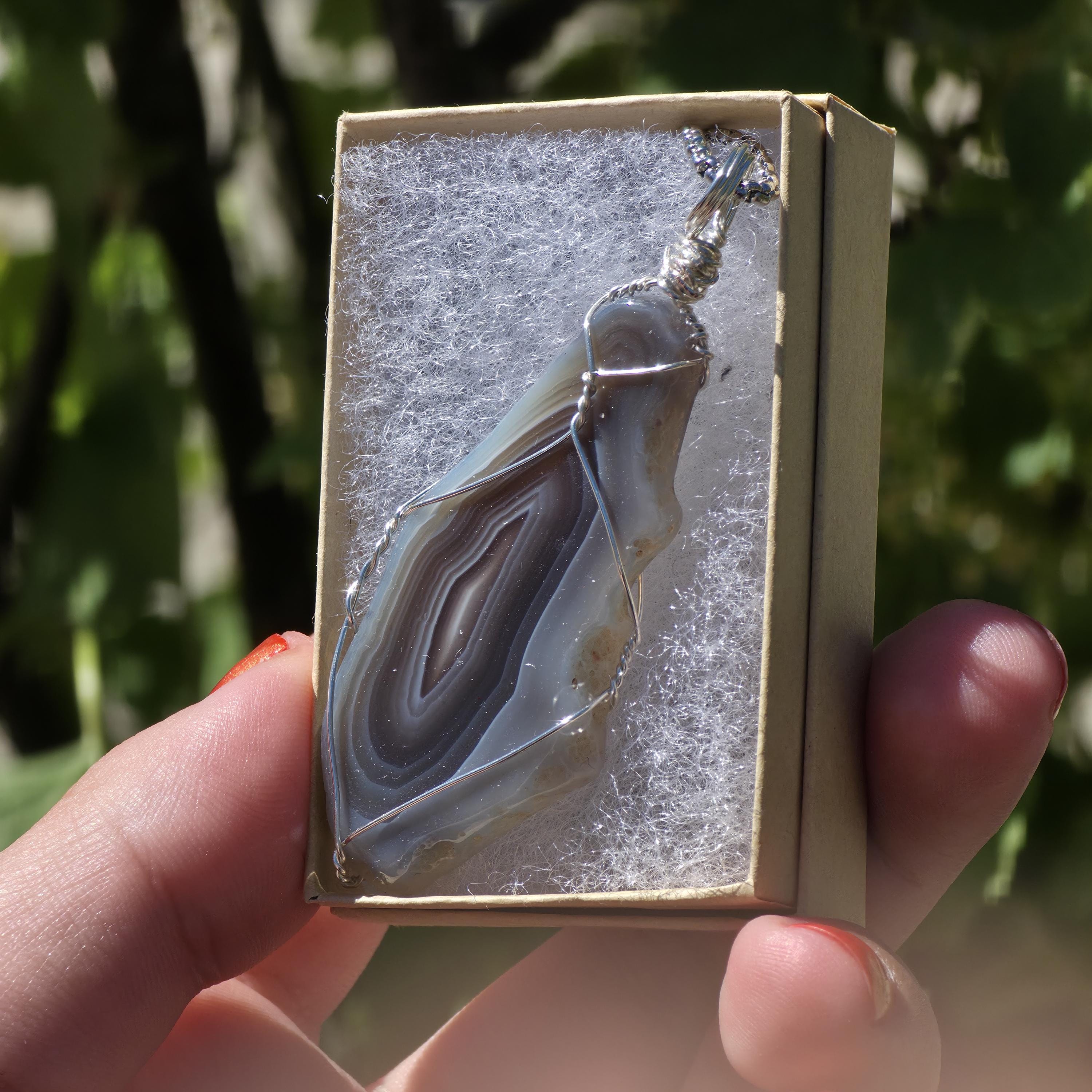 Wire Wrapped Grey Agate Necklace | Stainless Steel Crystal Necklace | Portal Agate Pendant | Natural Agate Jewelry