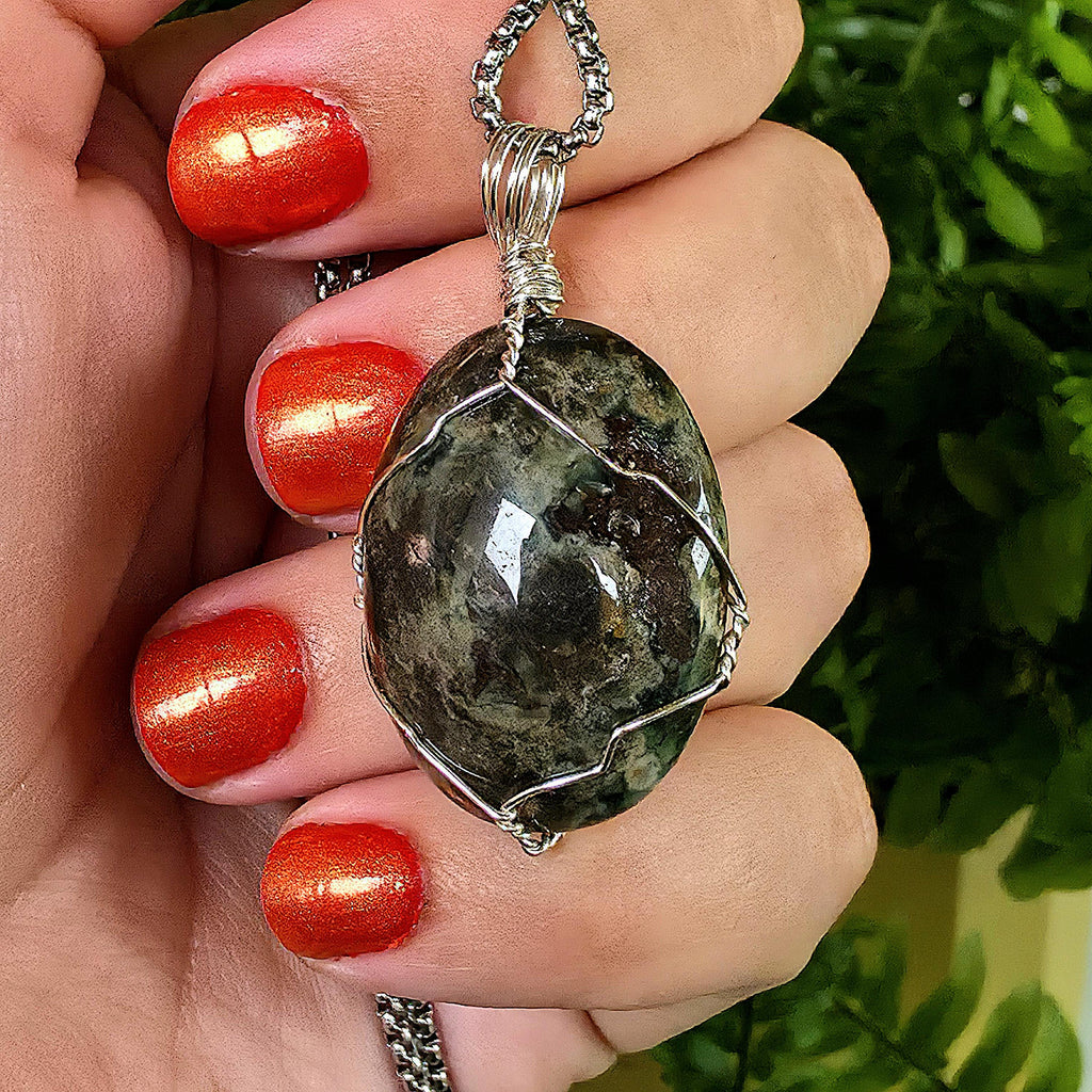 Ocean Jasper Necklace, Stainless Steel Wire Wrapped Pendant, Orbicular Jasper, Green Stone Jewelry