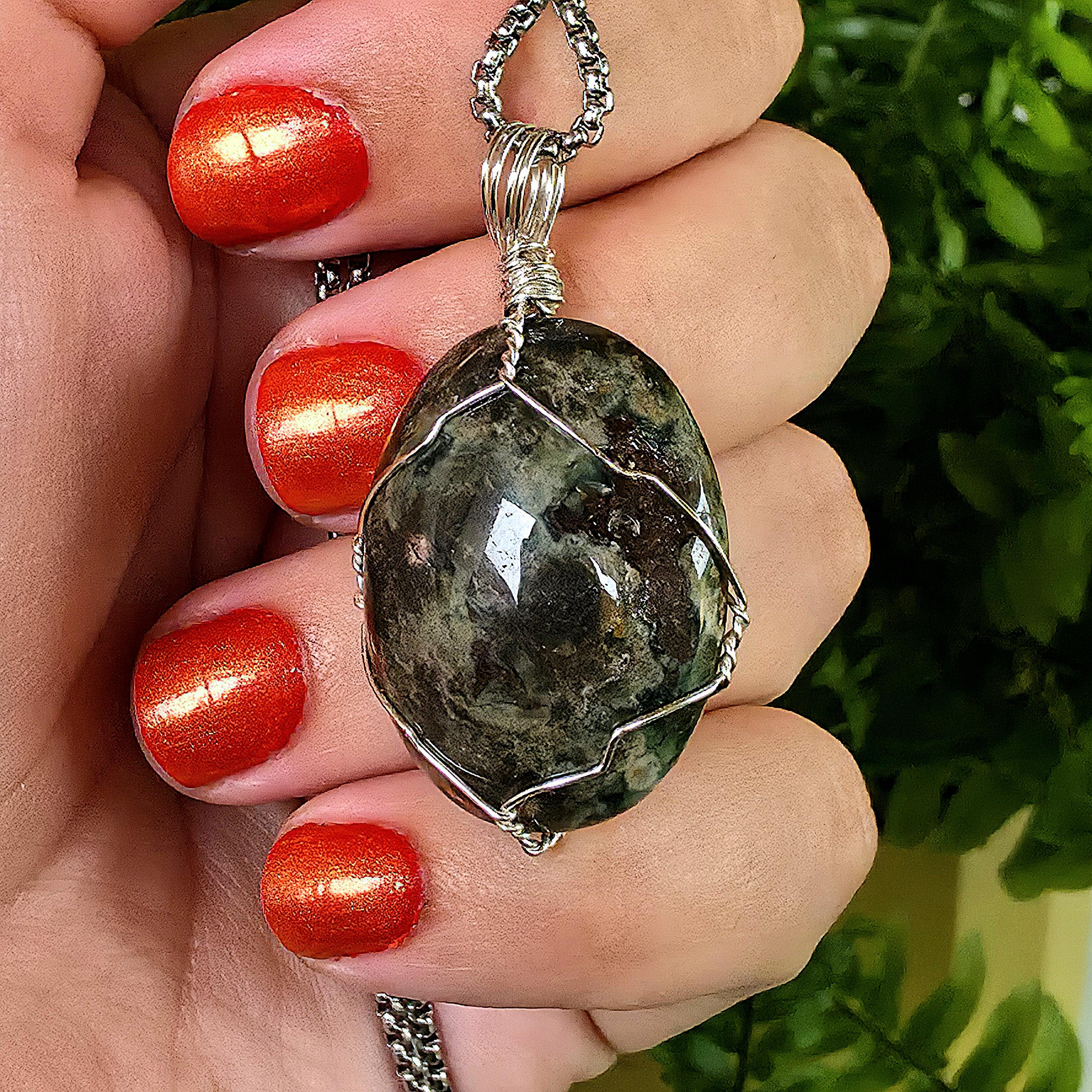 Ocean Jasper Necklace, Stainless Steel Wire Wrapped Pendant, Orbicular Jasper, Green Stone Jewelry
