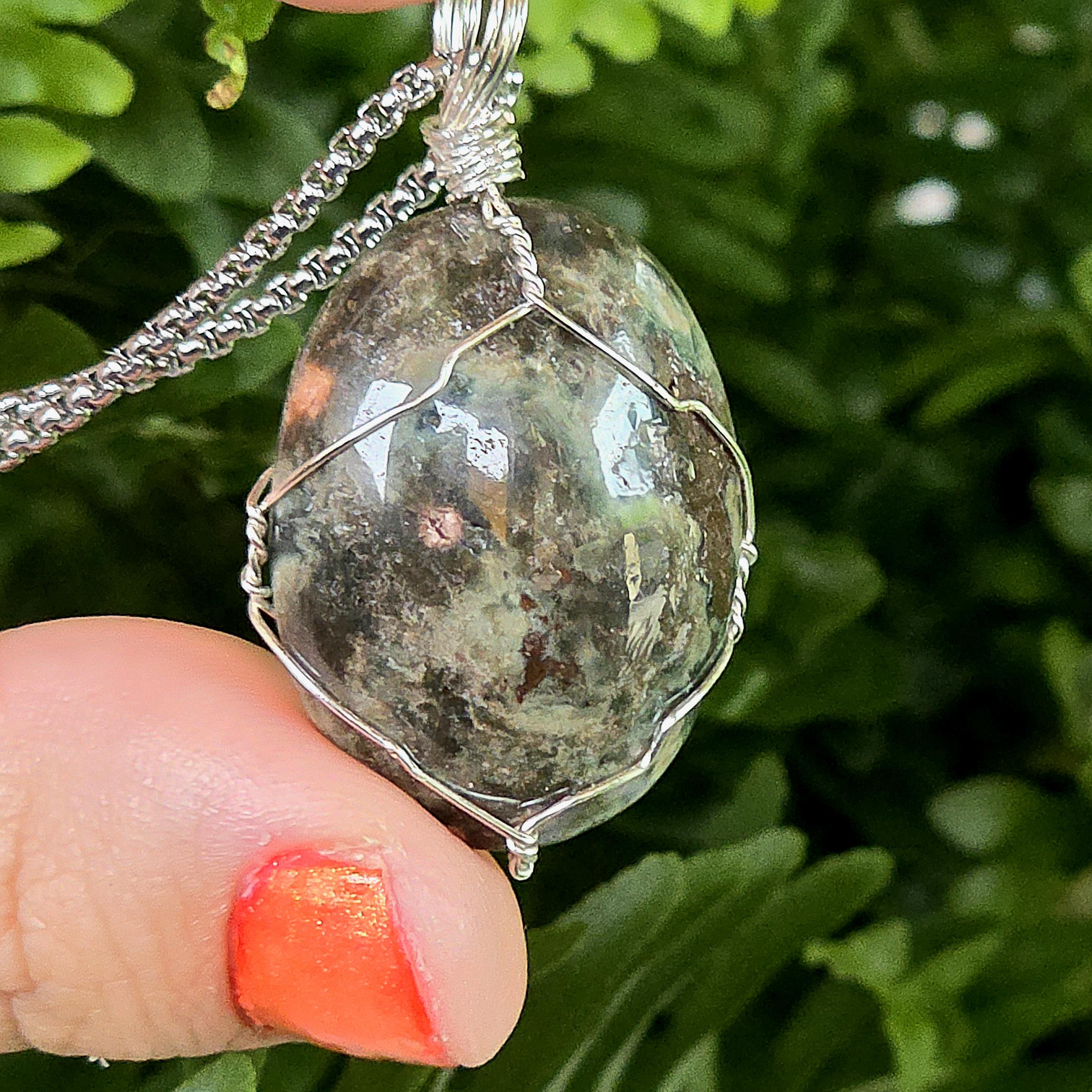 Ocean Jasper Necklace, Stainless Steel Wire Wrapped Pendant, Orbicular Jasper, Green Stone Jewelry