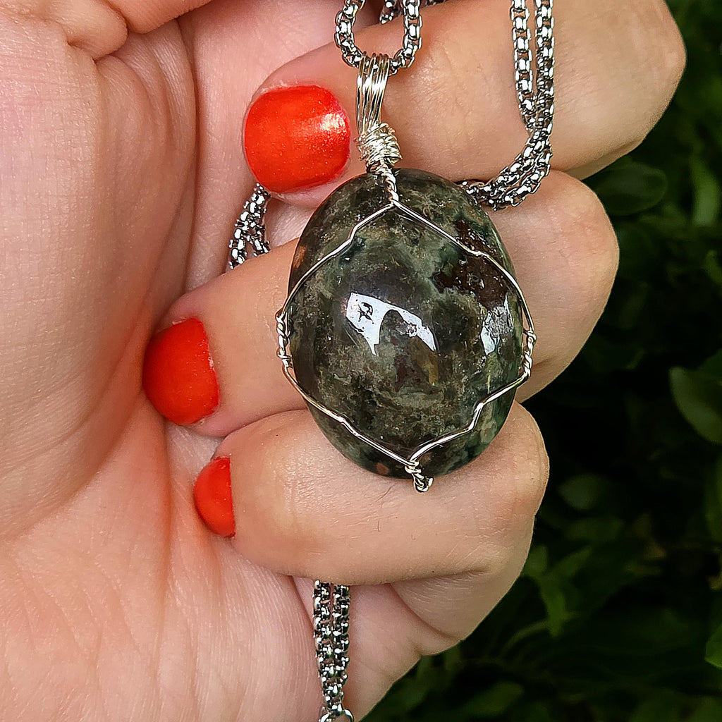 Ocean Jasper Necklace, Stainless Steel Wire Wrapped Pendant, Orbicular Jasper, Green Stone Jewelry