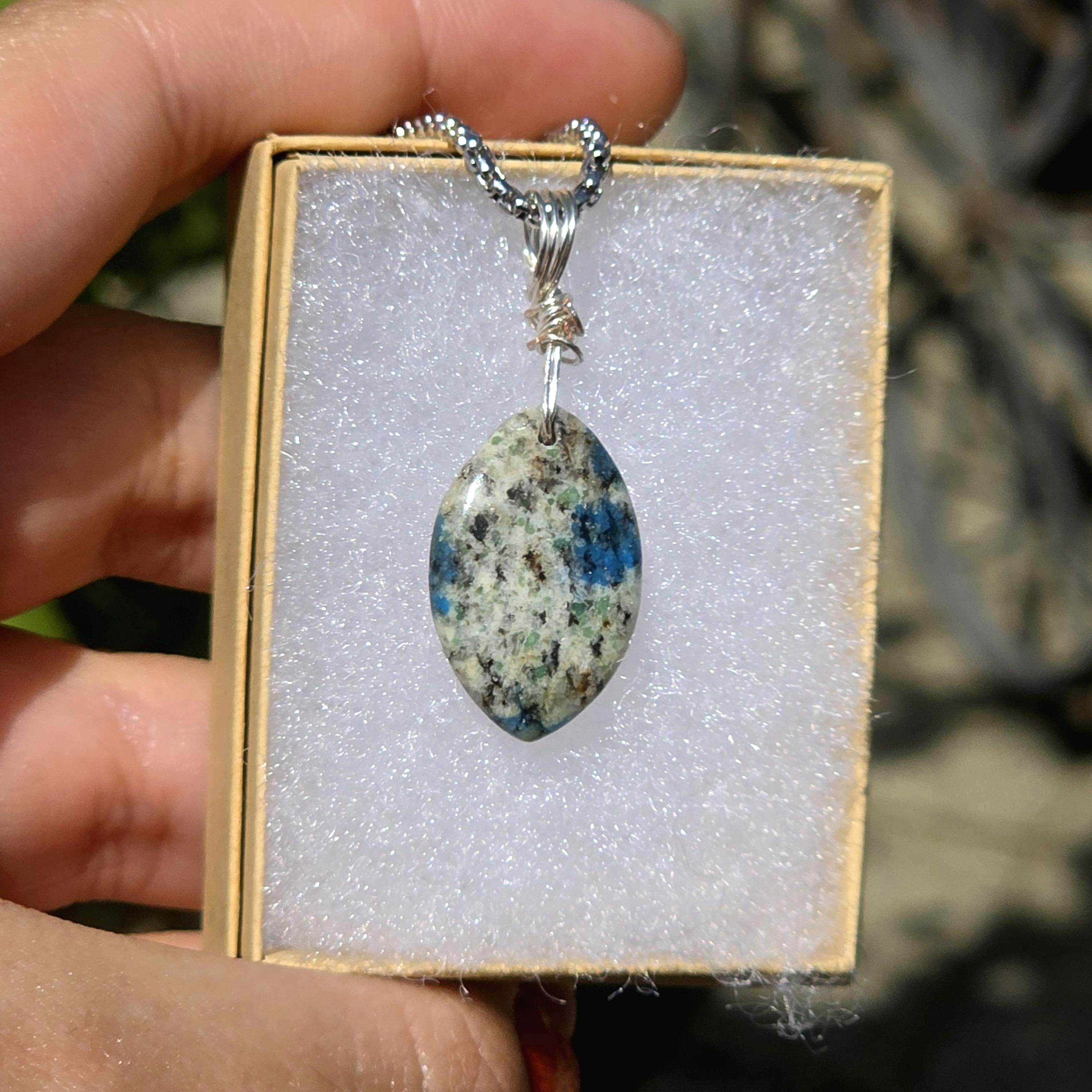 K2 Granite Azurite Pendant Necklace | Wire Wrapped Natural Stone Jewelry
