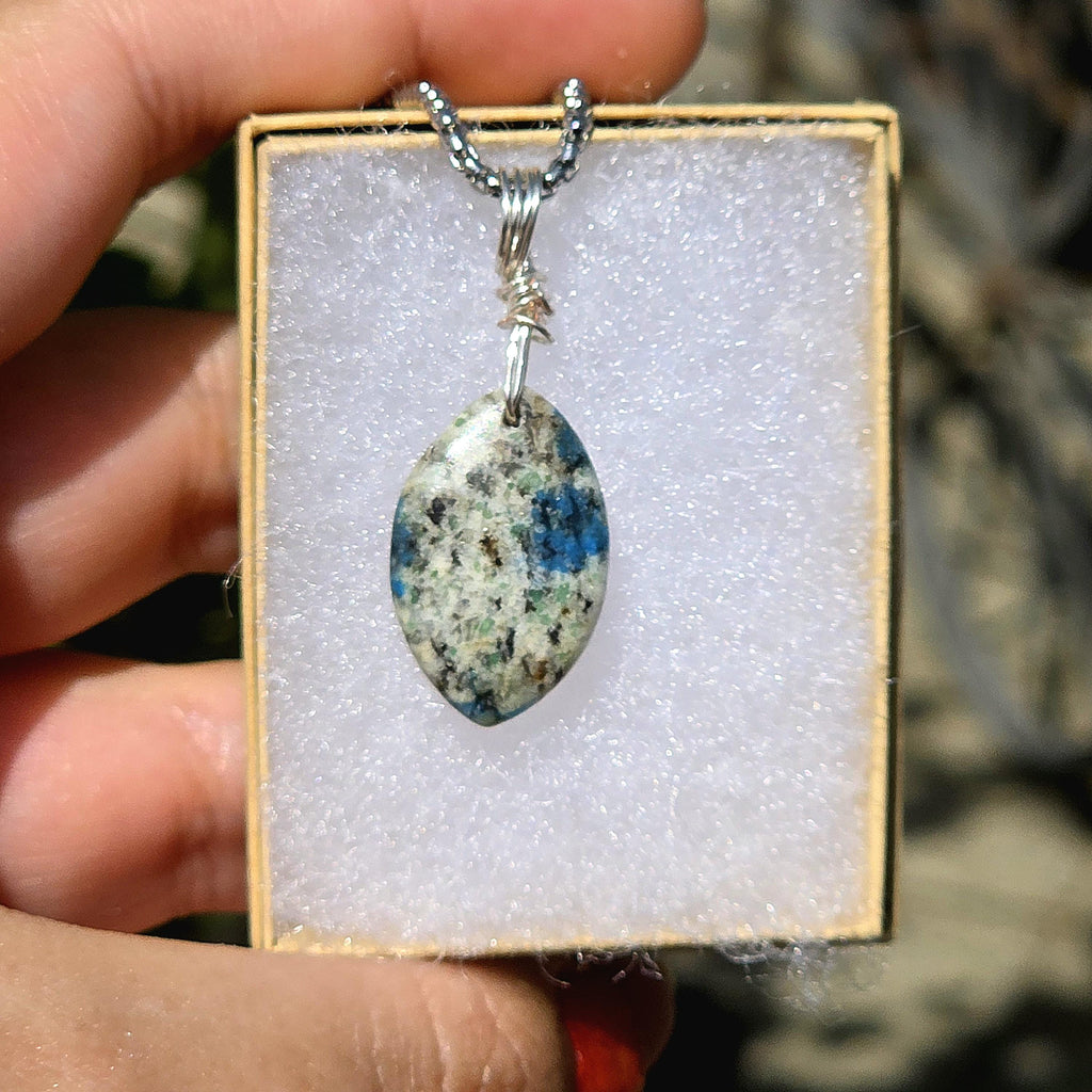 K2 Granite Azurite Pendant Necklace | Wire Wrapped Natural Stone Jewelry