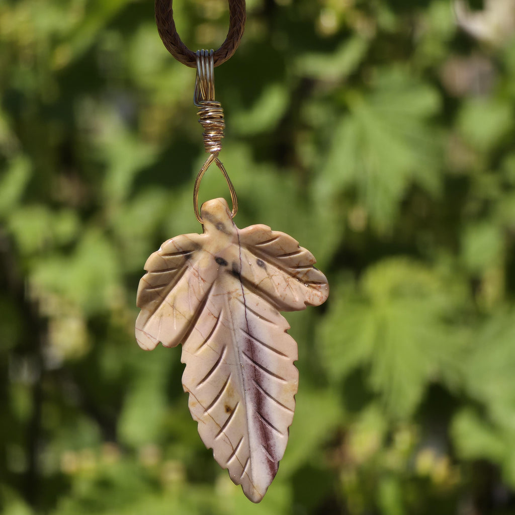 Polychrome Jasper Leaf Necklace | Carved Jasper Pendant | Earthy Crystal Jewelry | 20 Inch Cord