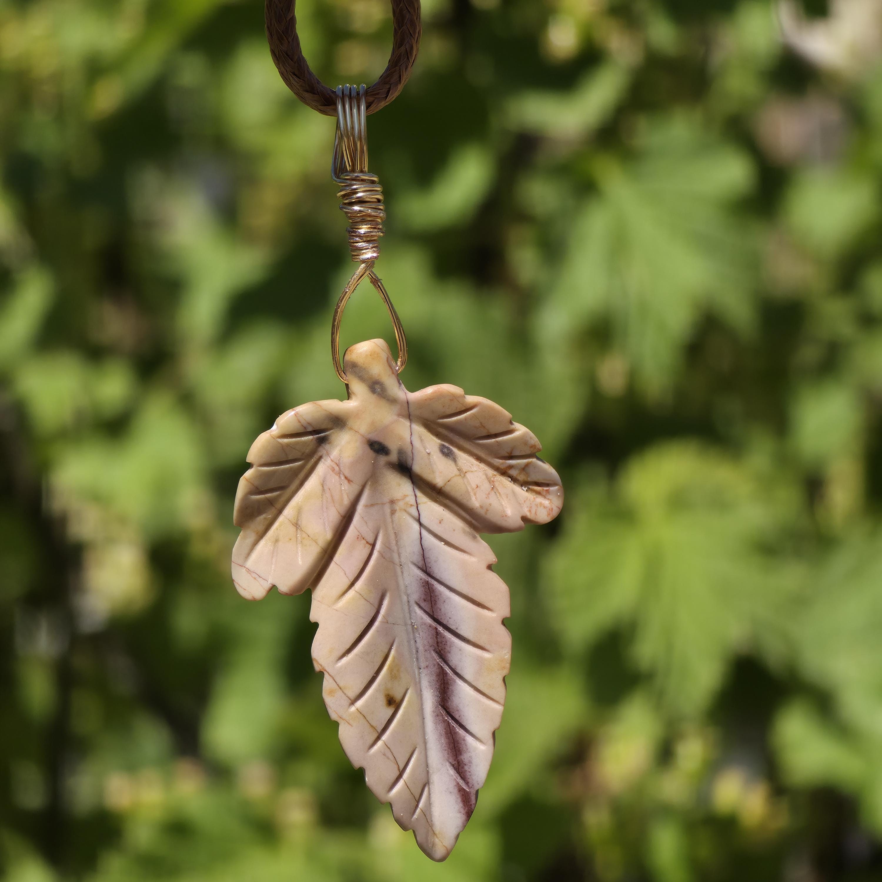 Polychrome Jasper Leaf Necklace | Carved Jasper Pendant | Earthy Crystal Jewelry | 20 Inch Cord