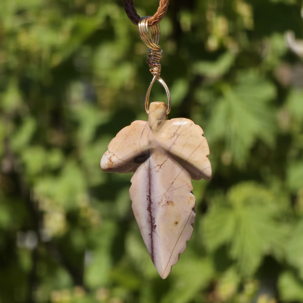 Polychrome Jasper Leaf Necklace | Carved Jasper Pendant | Earthy Crystal Jewelry | 20 Inch Cord