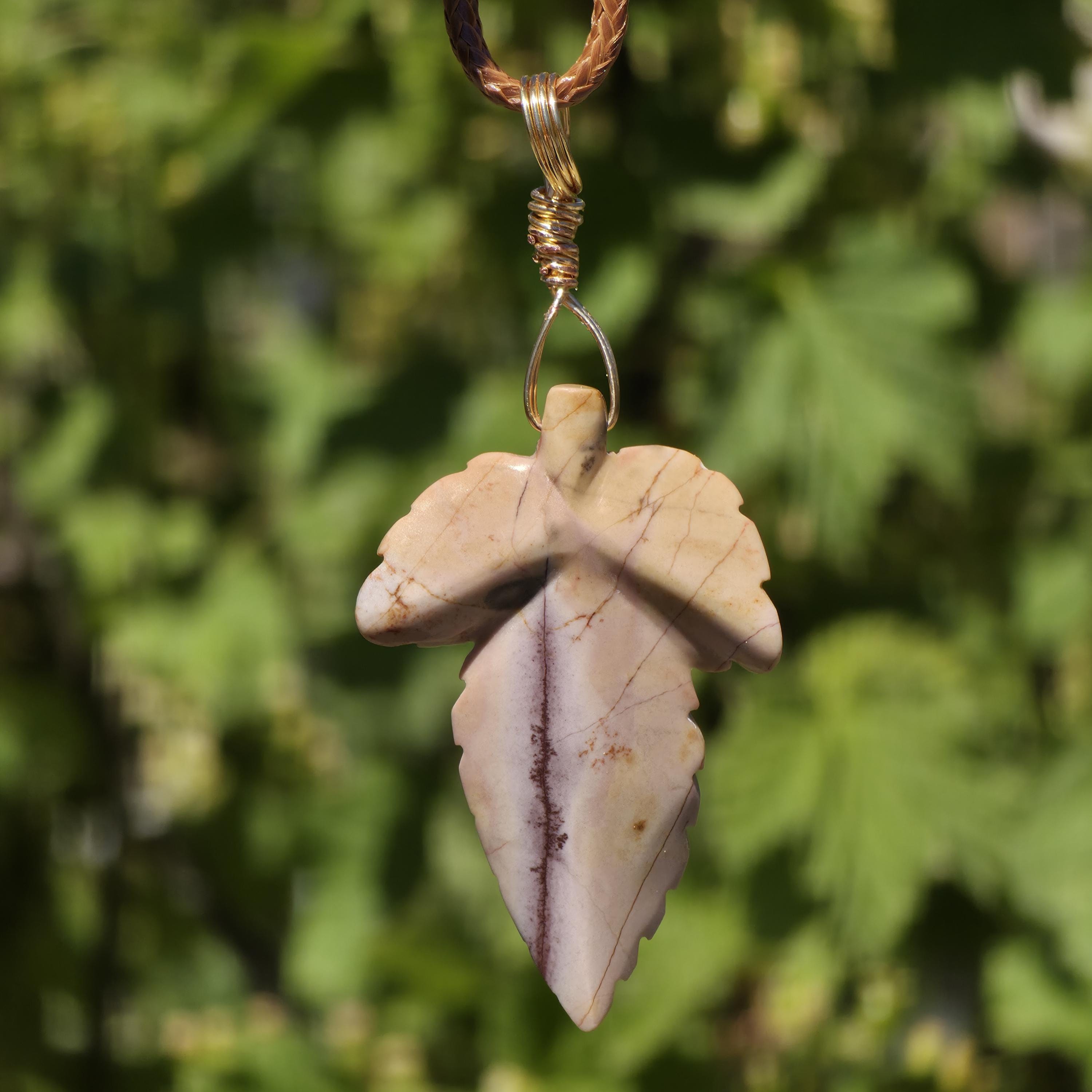 Polychrome Jasper Leaf Necklace | Carved Jasper Pendant | Earthy Crystal Jewelry | 20 Inch Cord