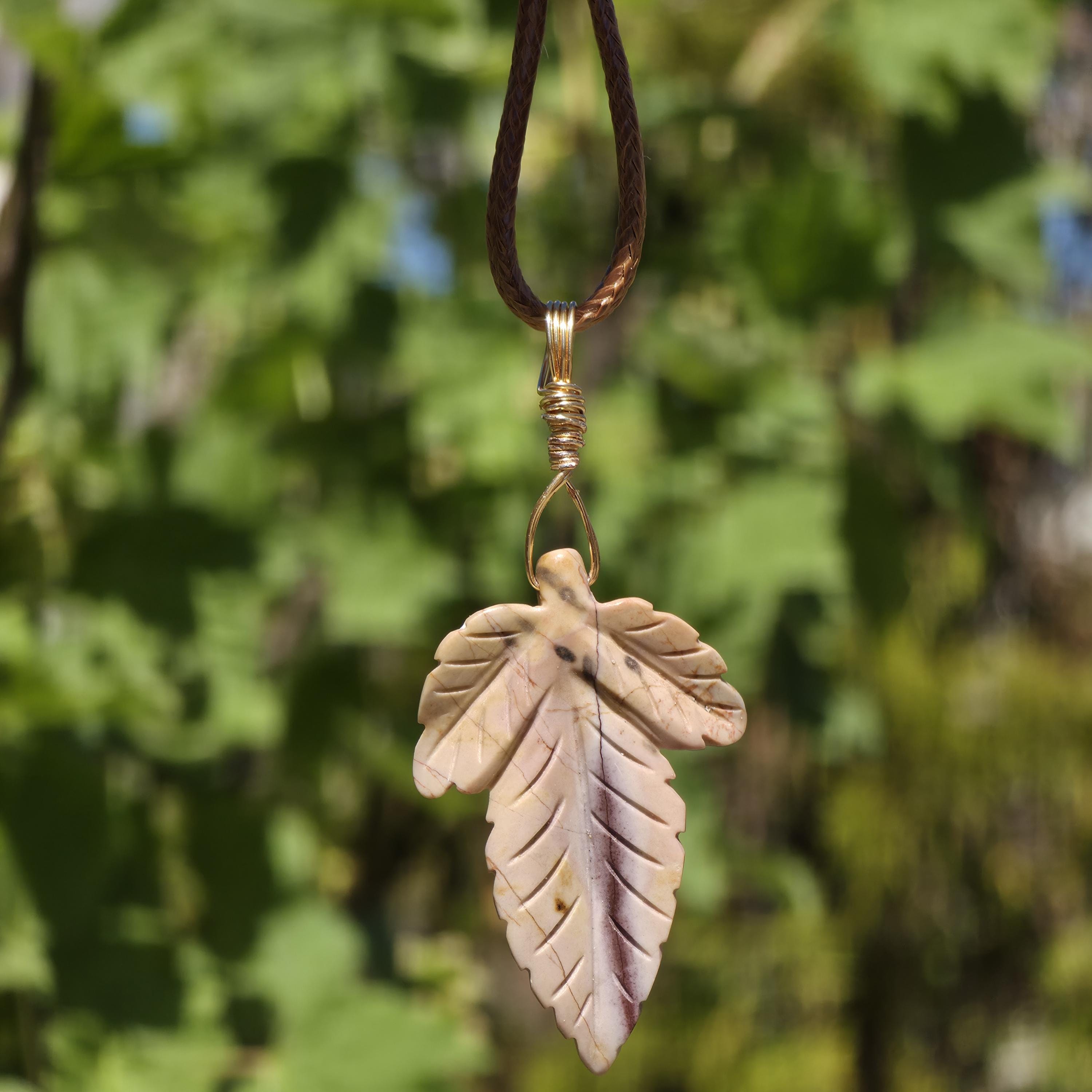 Polychrome Jasper Leaf Necklace | Carved Jasper Pendant | Earthy Crystal Jewelry | 20 Inch Cord