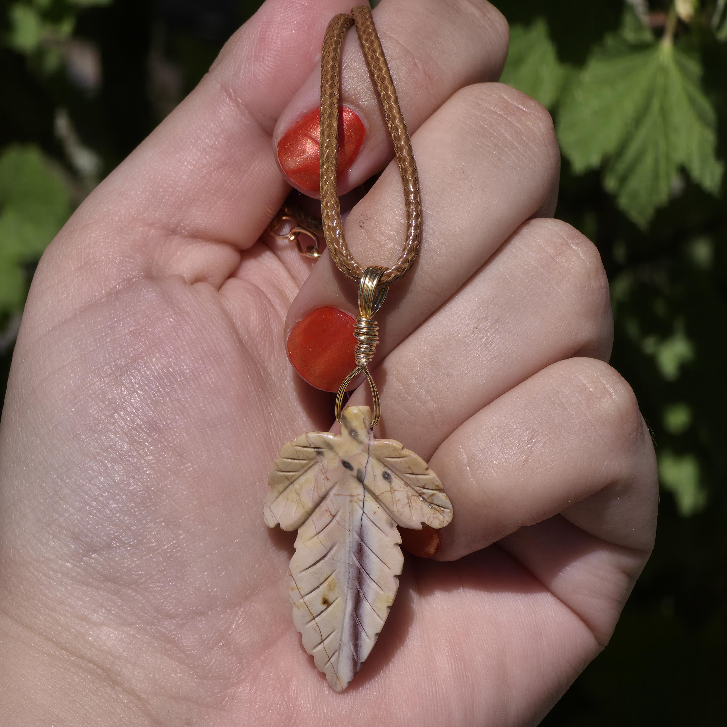 Polychrome Jasper Leaf Necklace | Carved Jasper Pendant | Earthy Crystal Jewelry | 20 Inch Cord