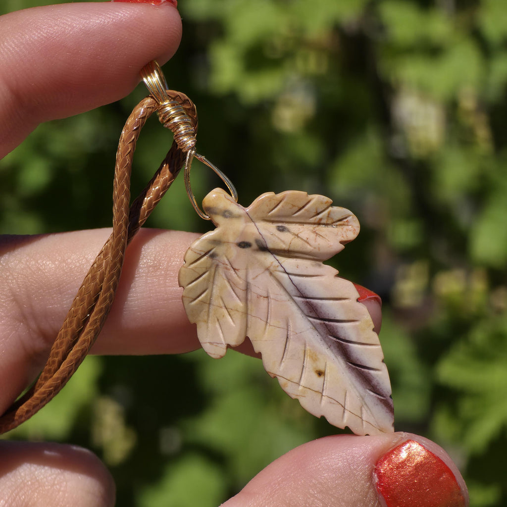 Polychrome Jasper Leaf Necklace | Carved Jasper Pendant | Earthy Crystal Jewelry | 20 Inch Cord
