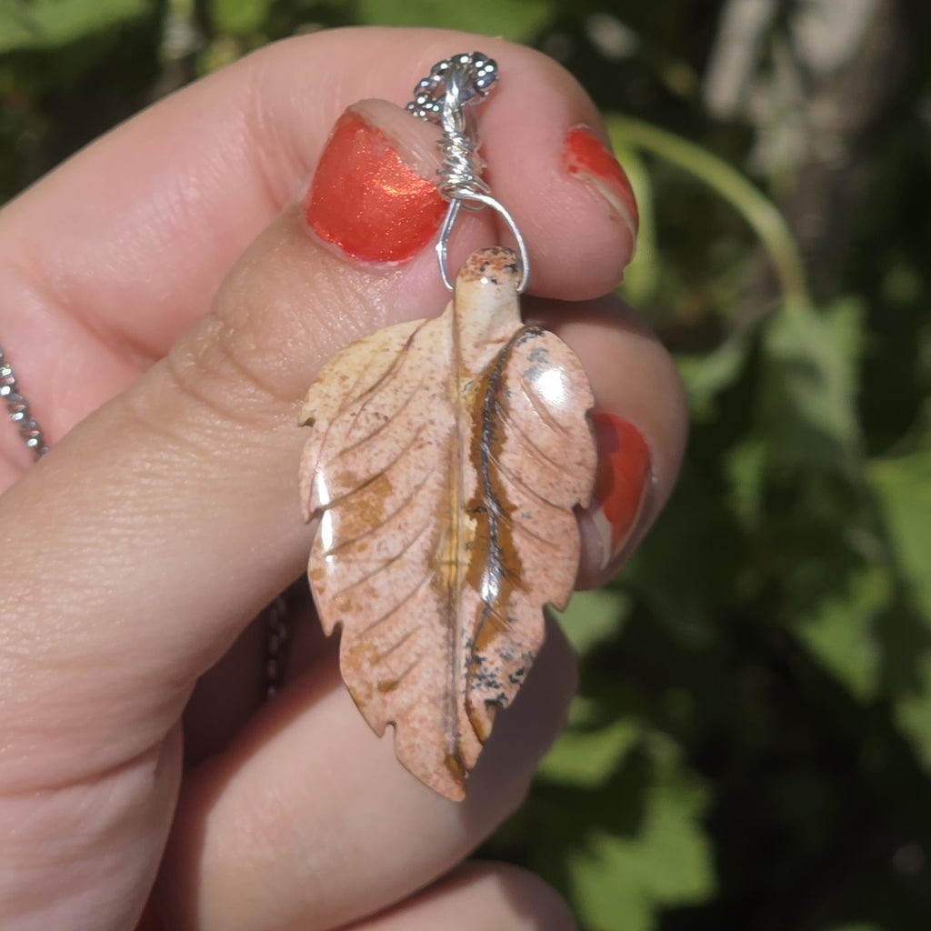 Polychrome Jasper Leaf Necklace | Carved Jasper Pendant | Earthy Crystal Jewelry | 20 Inch Cord