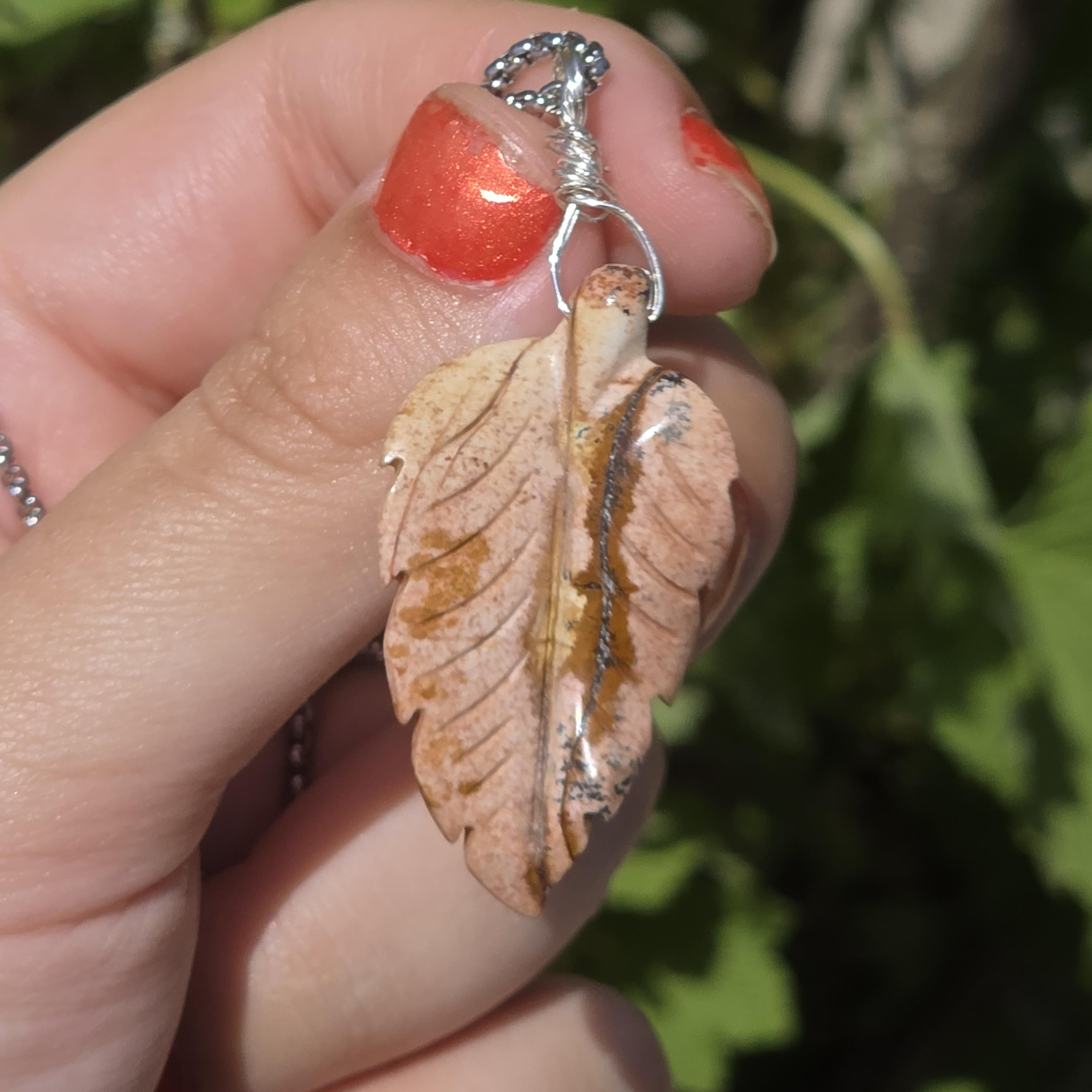 Polychrome Jasper Leaf Necklace | Carved Jasper Pendant | Earthy Crystal Jewelry | 20 Inch Cord