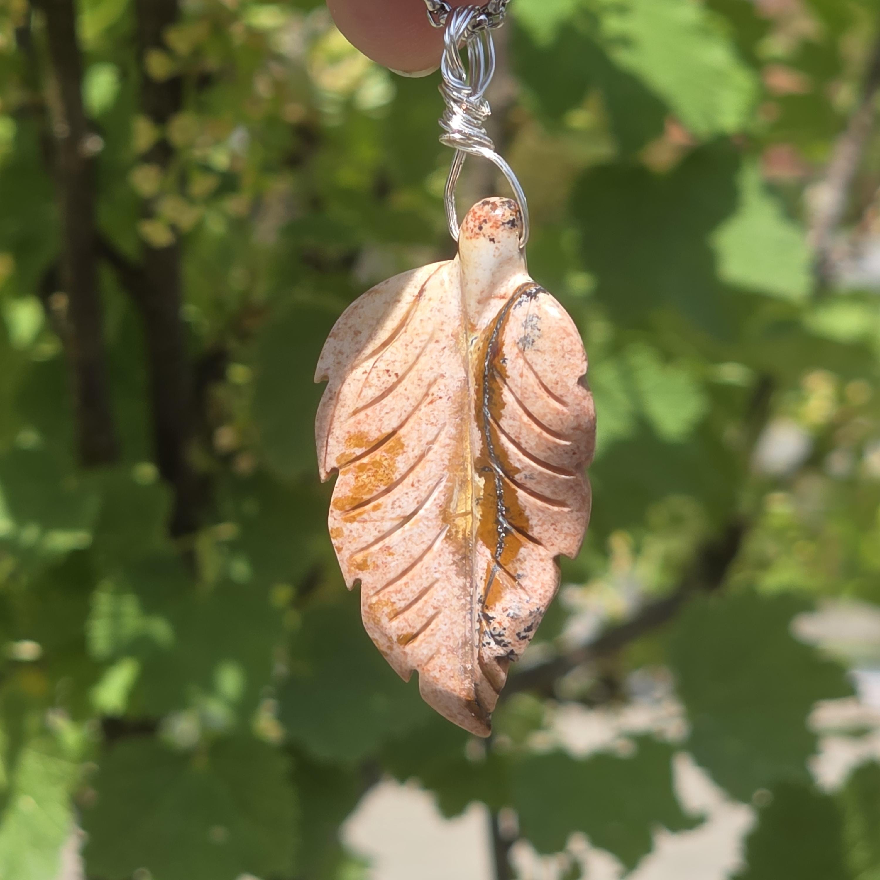 Polychrome Jasper Leaf Necklace | Carved Jasper Pendant | Earthy Crystal Jewelry | 20 Inch Cord