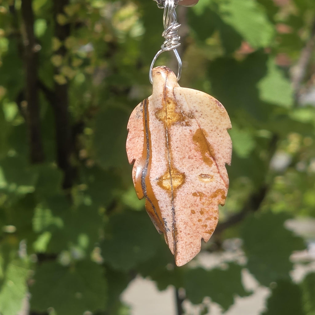 Polychrome Jasper Leaf Necklace | Carved Jasper Pendant | Earthy Crystal Jewelry | 20 Inch Cord