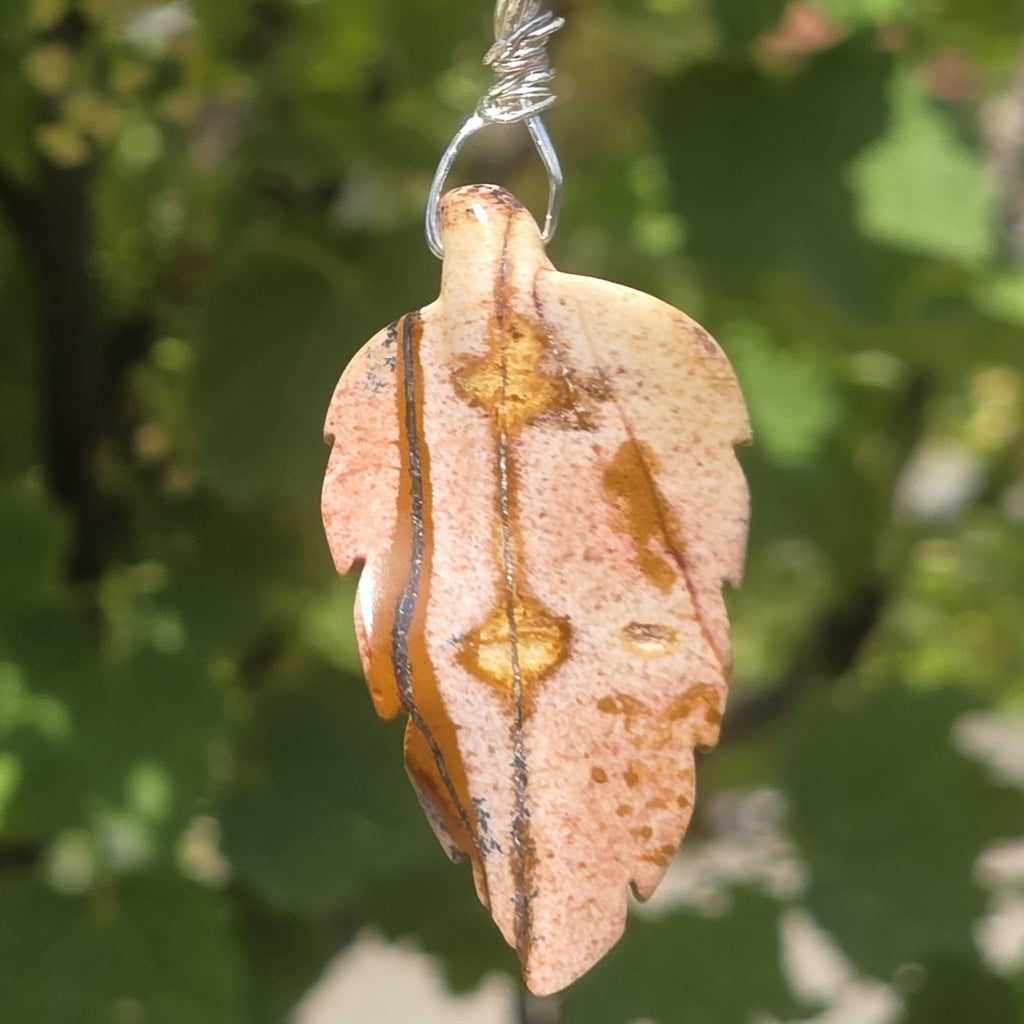 Polychrome Jasper Leaf Necklace | Carved Jasper Pendant | Earthy Crystal Jewelry | 20 Inch Cord