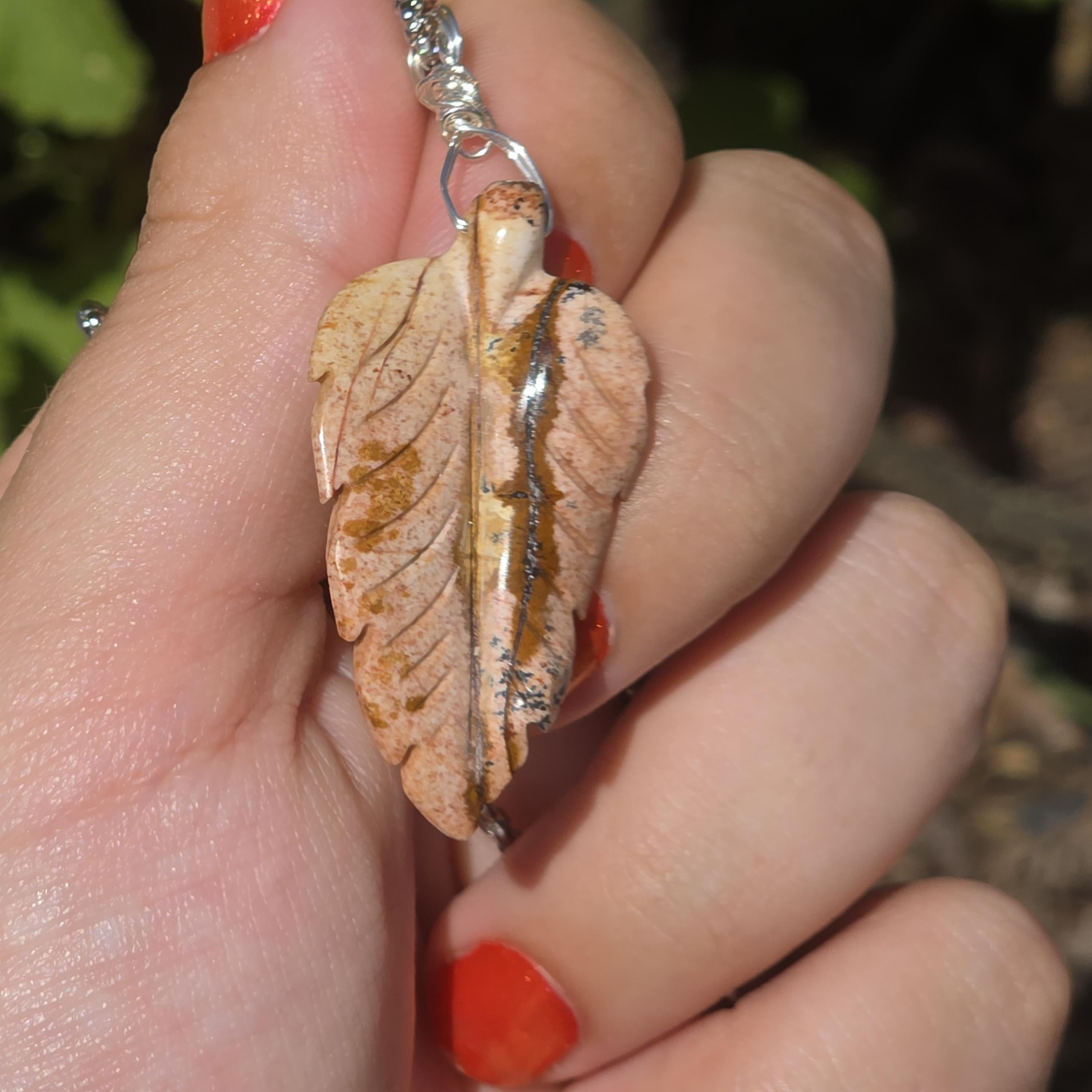 Polychrome Jasper Leaf Necklace | Carved Jasper Pendant | Earthy Crystal Jewelry | 20 Inch Cord