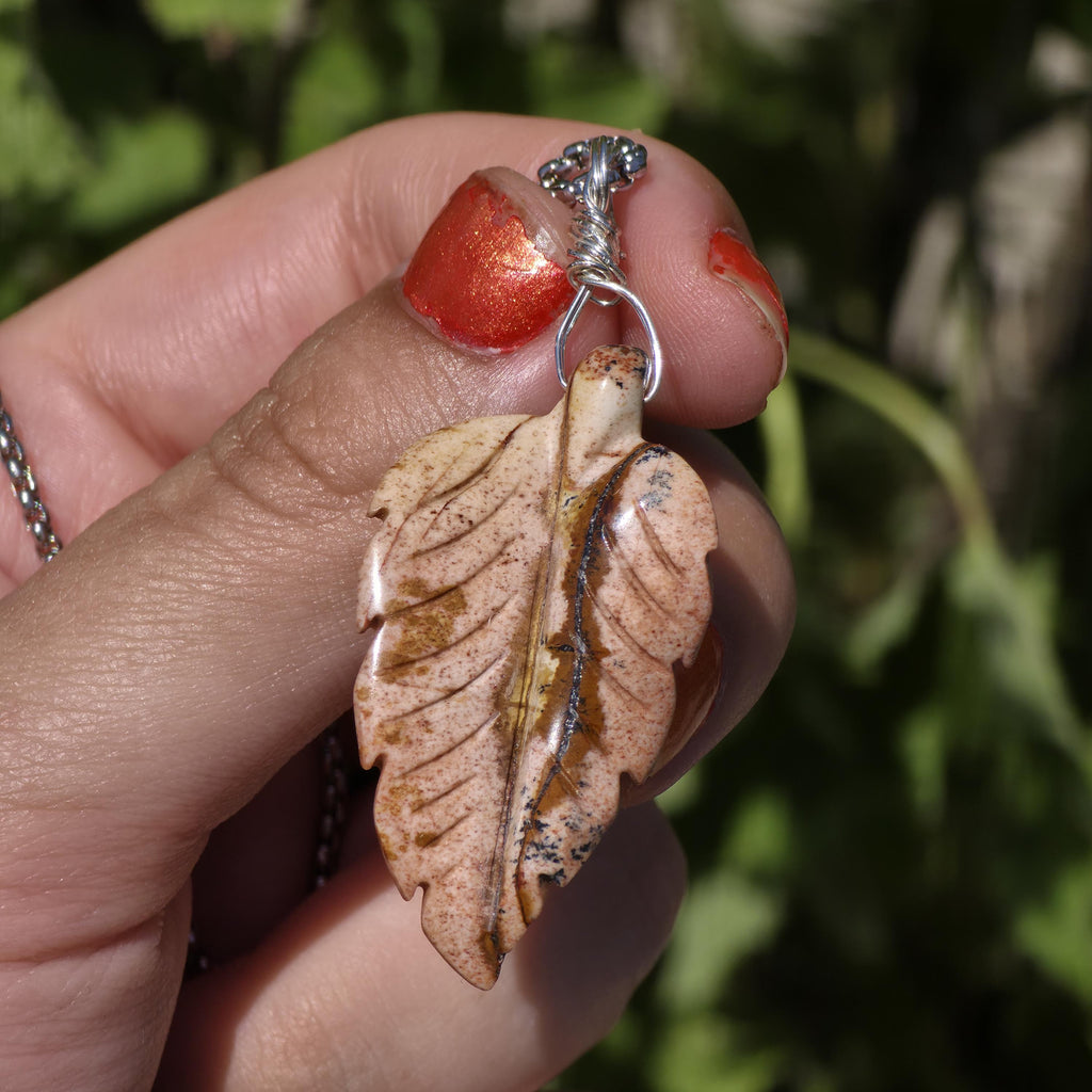Polychrome Jasper Leaf Necklace | Carved Jasper Pendant | Earthy Crystal Jewelry | 20 Inch Cord