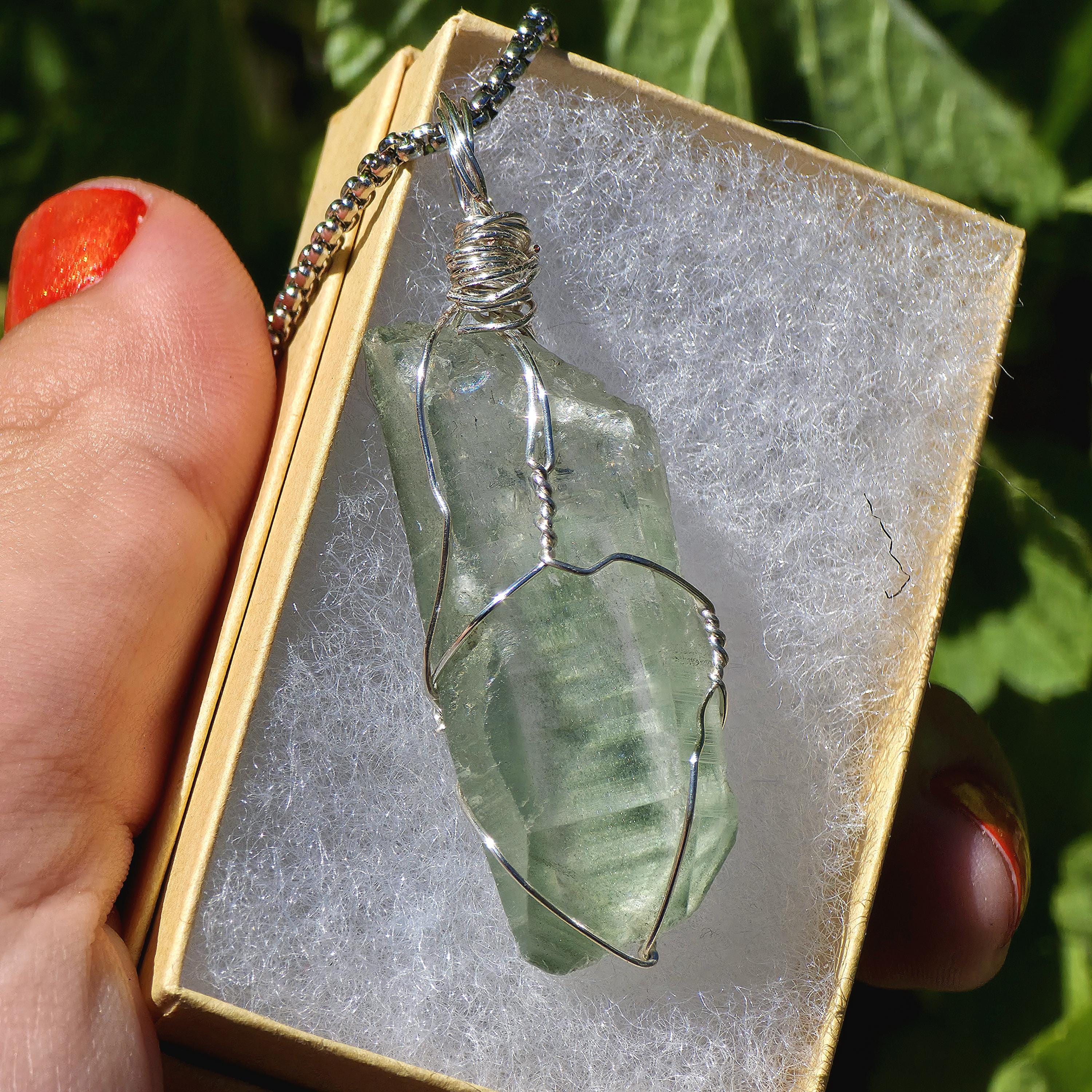 Himalayan Quartz Point Necklace | Chlorite Inclusions, High Altitude Crystal Pendant | Stainless Steel Chain