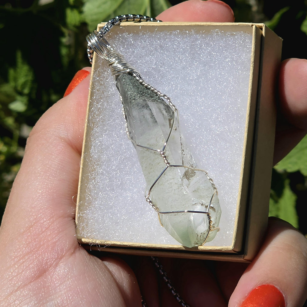 Himalayan Quartz Point Necklace | Chlorite Inclusions, High Altitude Crystal Pendant | Stainless Steel Chain