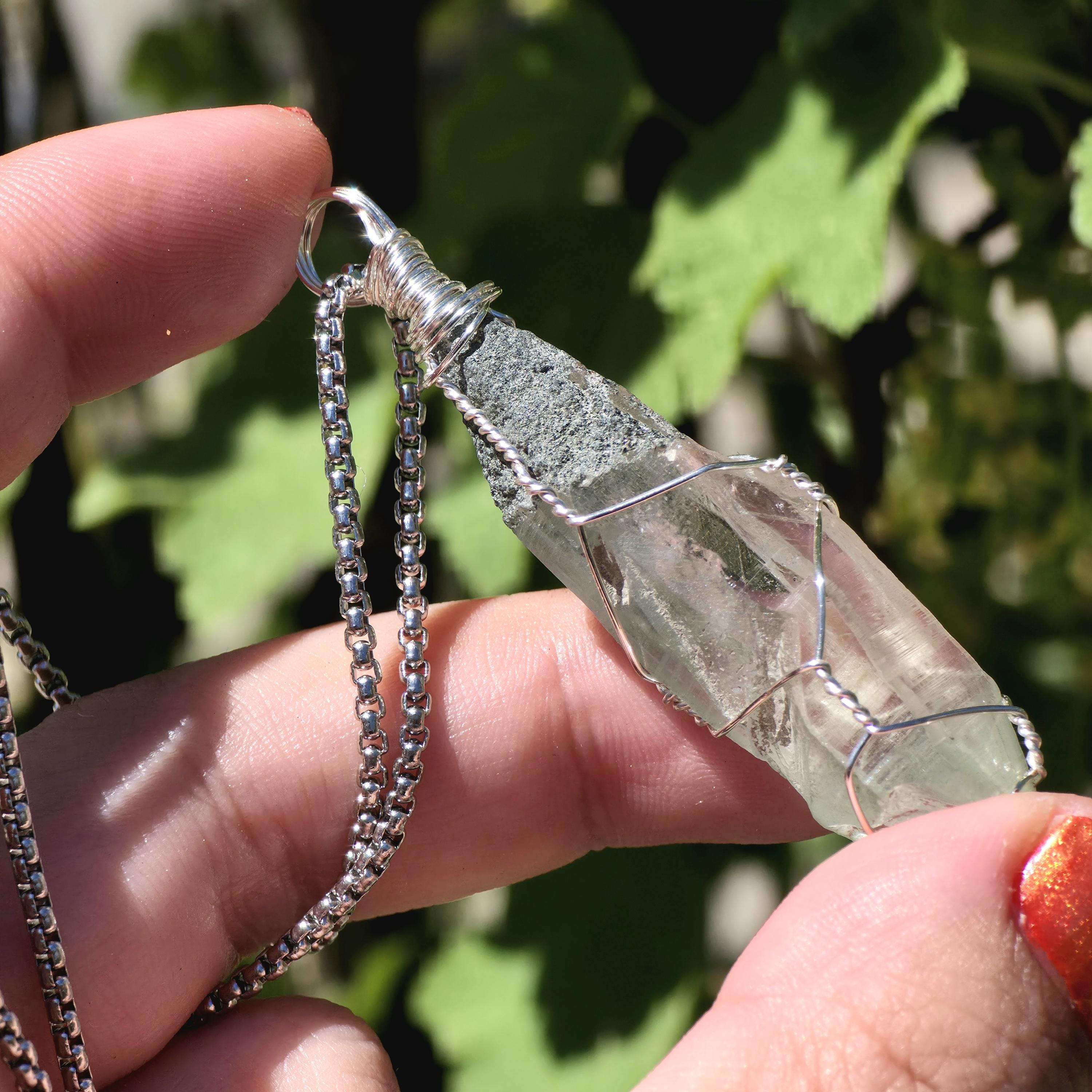 Himalayan Quartz Point Necklace | Chlorite Inclusions, High Altitude Crystal Pendant | Stainless Steel Chain