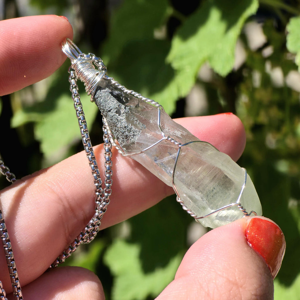 Himalayan Quartz Point Necklace | Chlorite Inclusions, High Altitude Crystal Pendant | Stainless Steel Chain