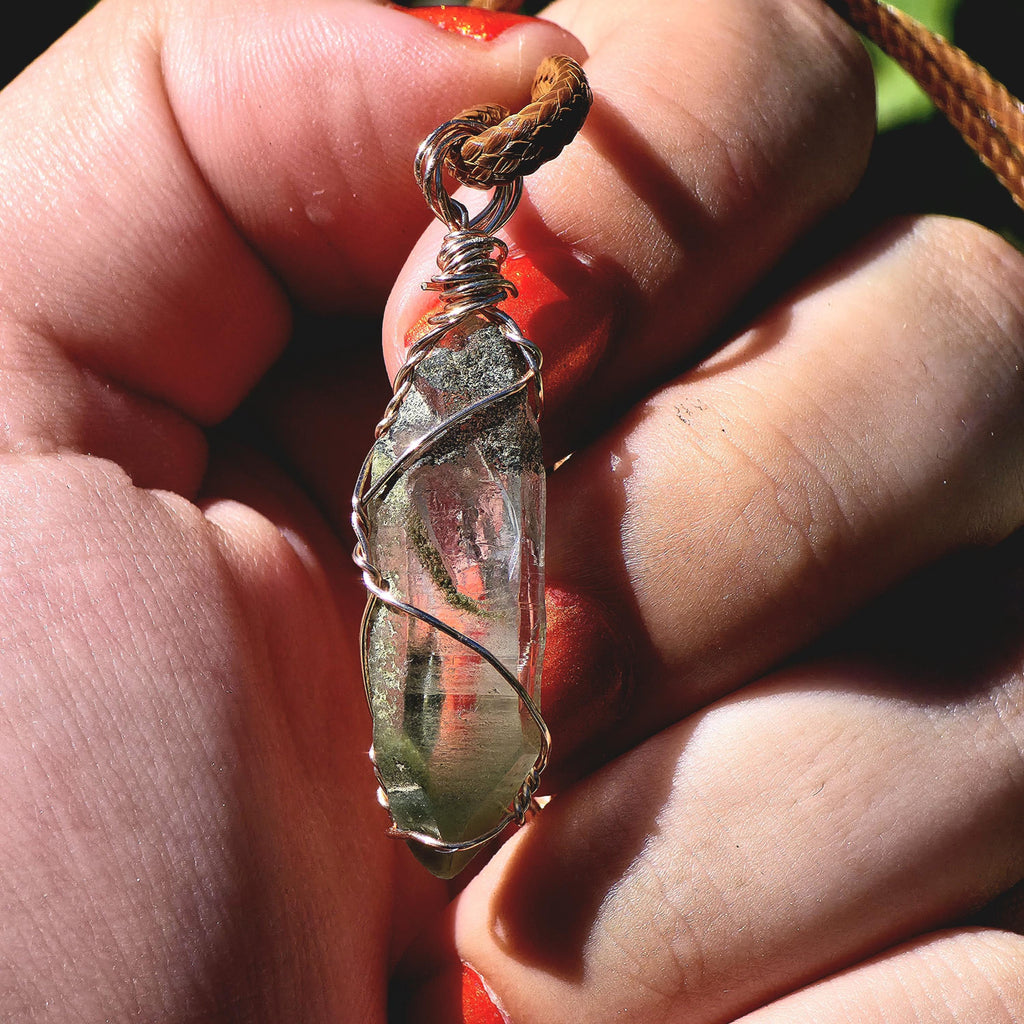 Himalayan Quartz Point Necklace | Chlorite Inclusions, High Altitude Crystal Pendant | Wax Cord Chain