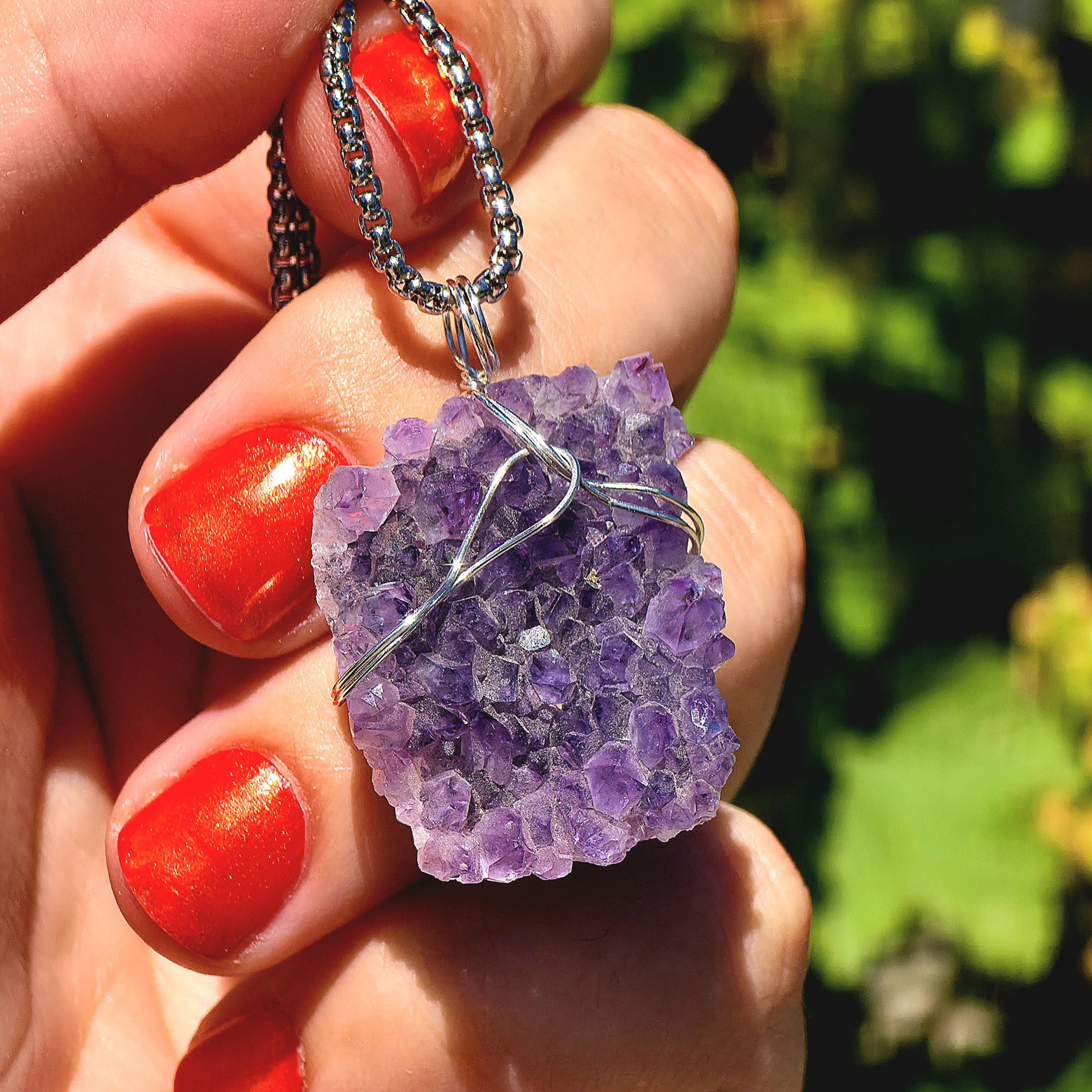 Amethyst Crystal Necklace | Natural Geode Pendant | Stainless Steel Jewelry Gift
