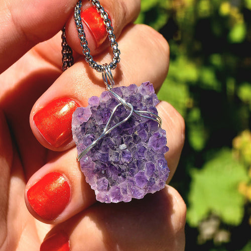 Amethyst Crystal Necklace | Natural Geode Pendant | Stainless Steel Jewelry Gift
