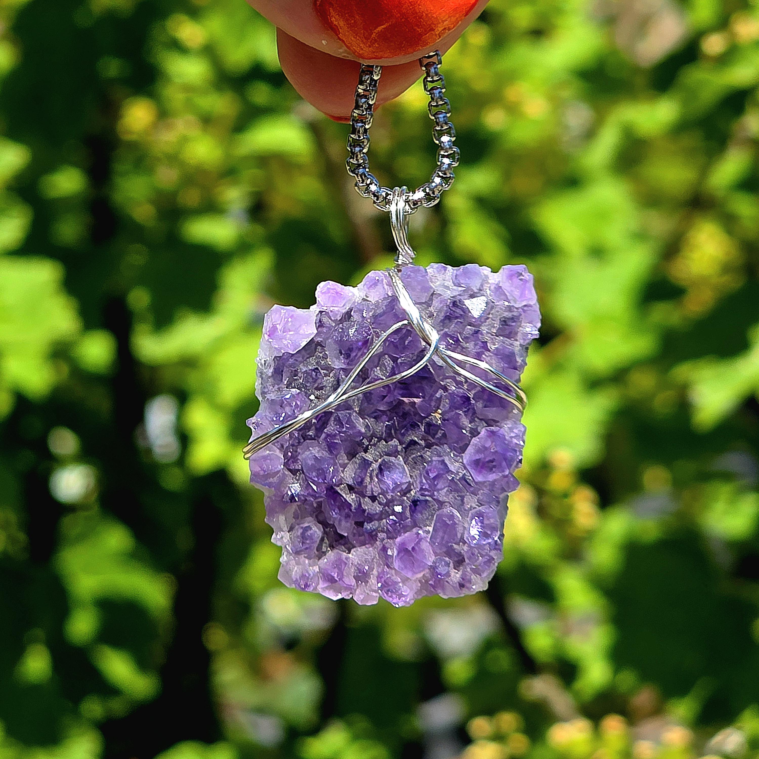 Amethyst Crystal Necklace | Natural Geode Pendant | Stainless Steel Jewelry Gift