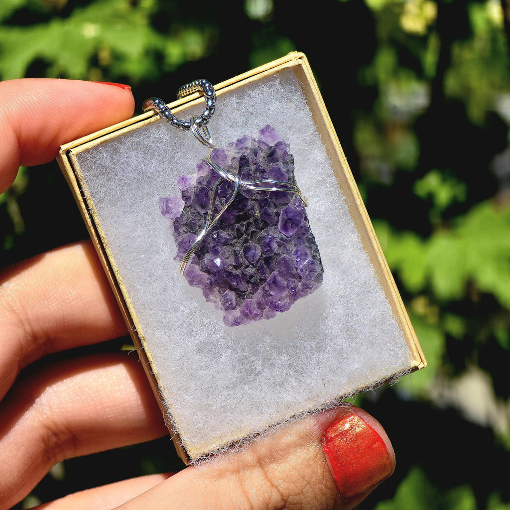 Amethyst Crystal Necklace | Natural Geode Pendant | Stainless Steel Jewelry Gift