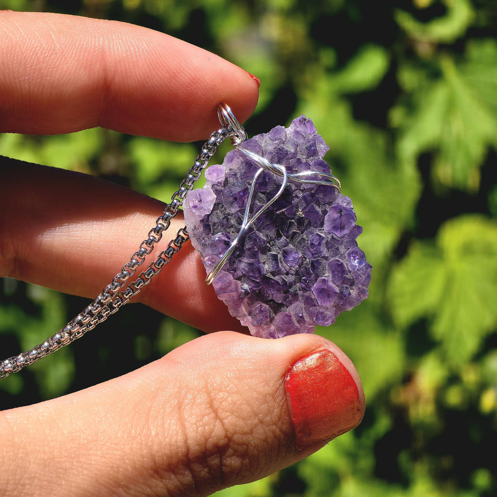 Amethyst Crystal Necklace | Natural Geode Pendant | Stainless Steel Jewelry Gift