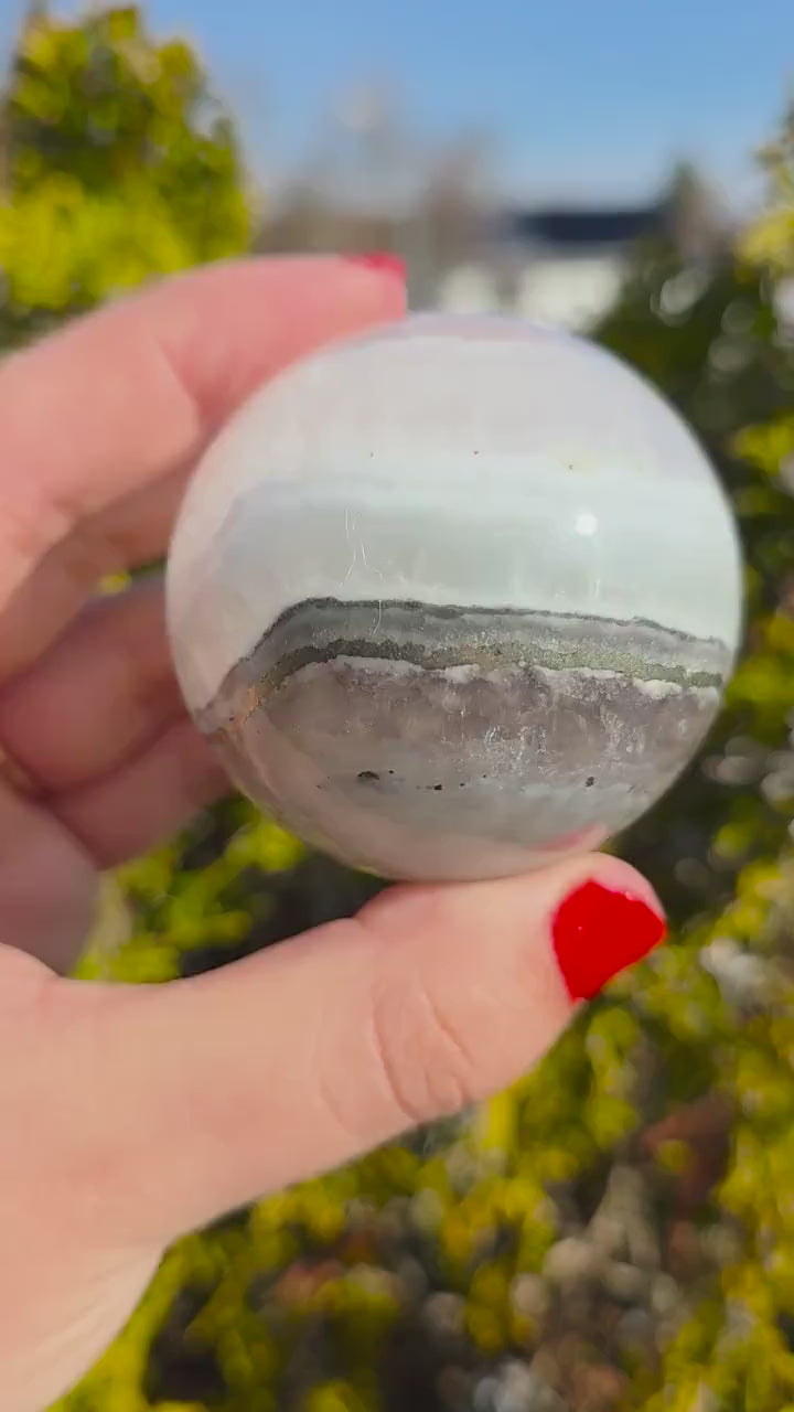Clear Fluorite Sphere with Pyrite Band | Polished Crystal Ball | Natural Fluorite Mineral Decor Gift