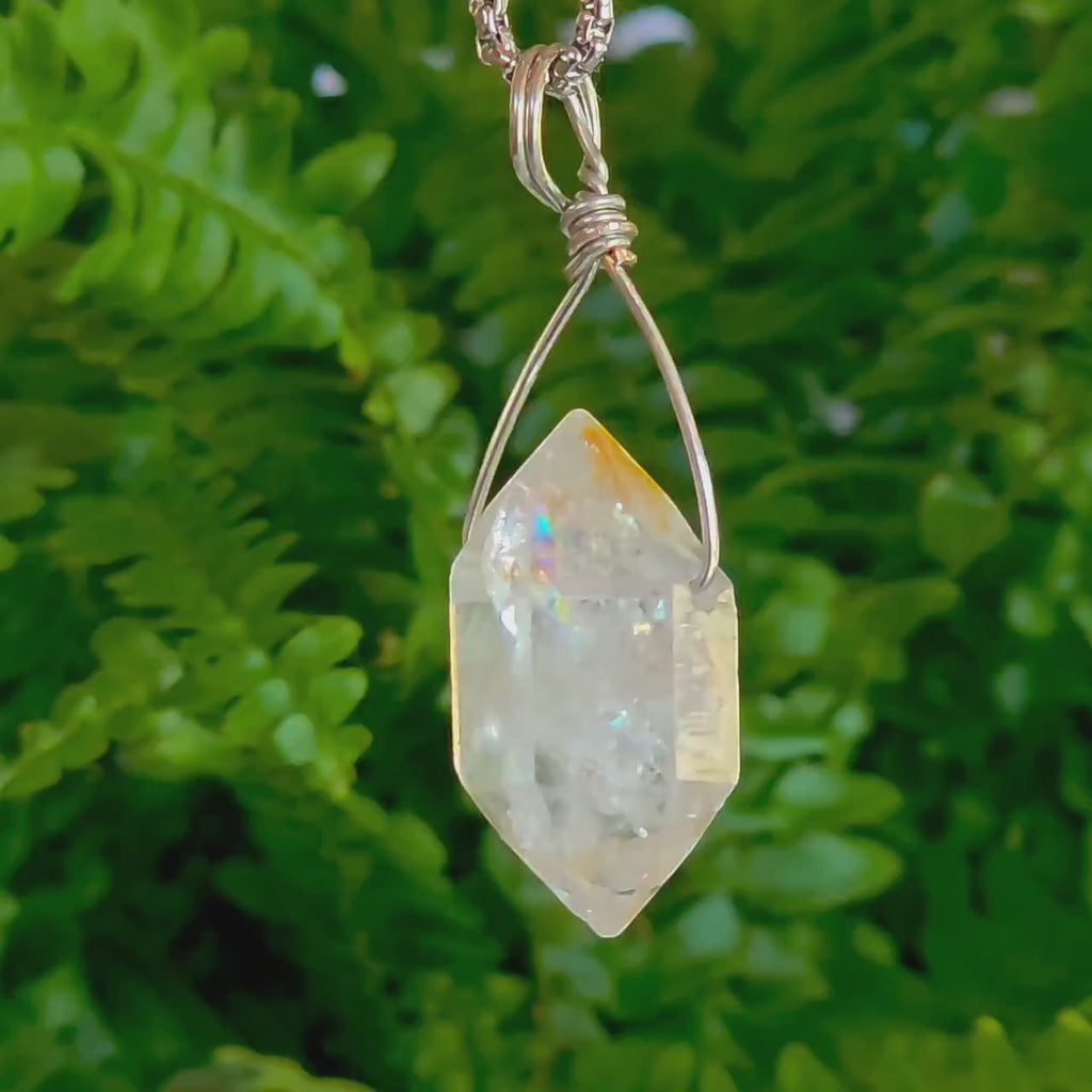 Tibetan Clear Quartz Double Terminated Necklace | Hand Wire Wrapped Crystal | Stainless Steel Chain