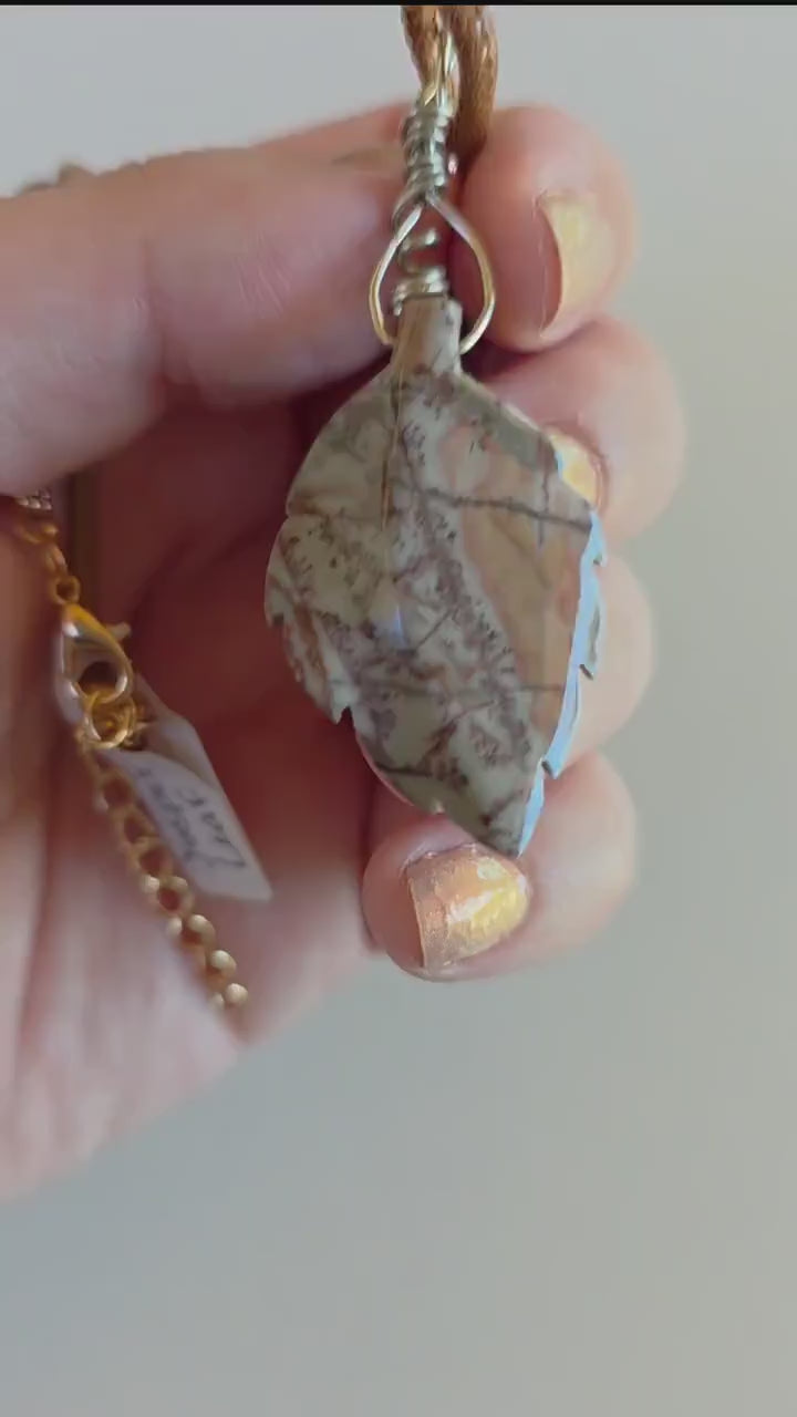 Polychrome Jasper Leaf Necklace | Carved Jasper Pendant | Earthy Crystal Jewelry | 20 Inch Cord