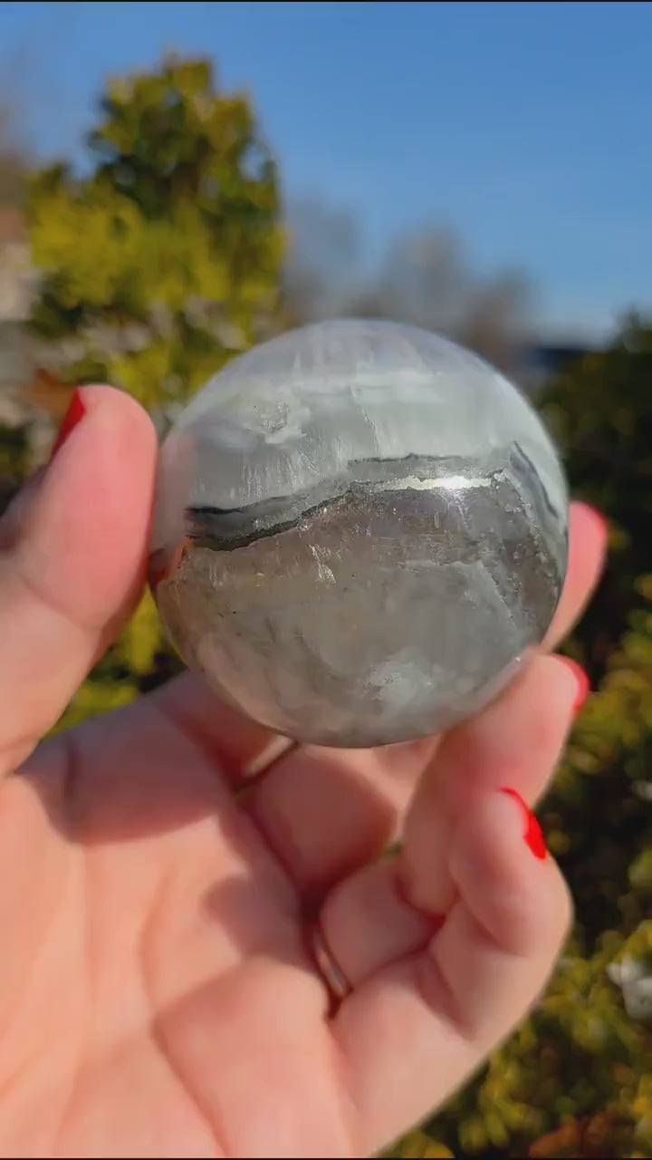 Clear Fluorite Sphere with Pyrite Band | Polished Crystal Ball | Natural Fluorite Mineral Decor Gift