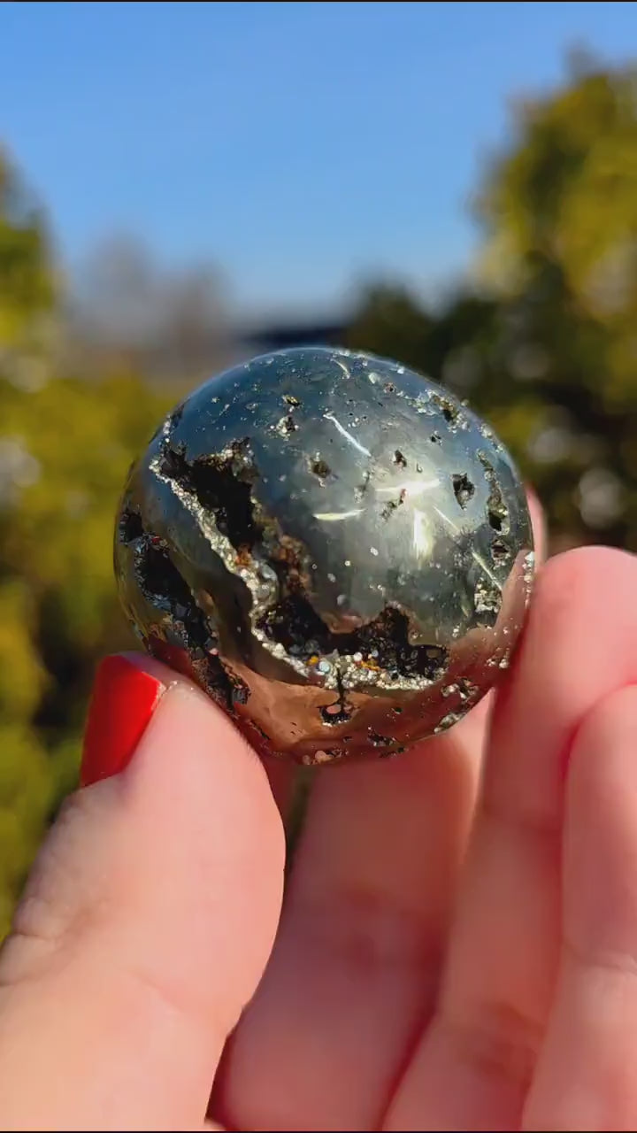 Druzy Pyrite Sphere | Sparkling Fool’s Gold Crystal Ball | Natural Metallic Mineral Specimen Decor