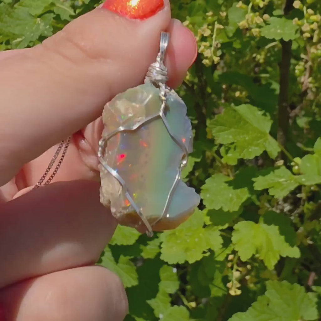 Raw Ethiopian Welo Opal Necklace | Wire Wrapped Pendant, Sterling Silver Chain