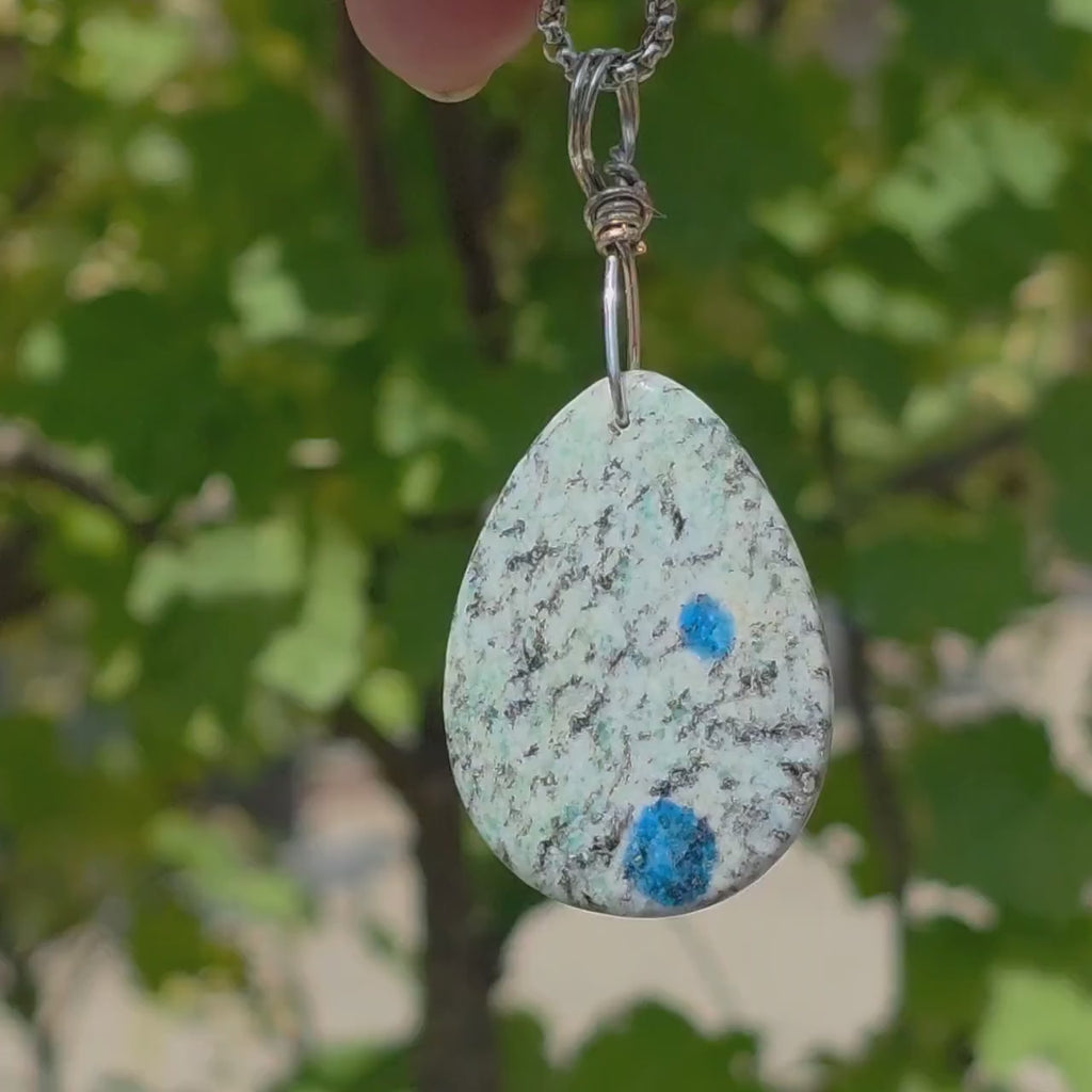 K2 Wire Wrapped Necklace | Azurite in Granite Pendant | Stainless Steel Crystal Necklace | Natural K2 Stone Jewelry