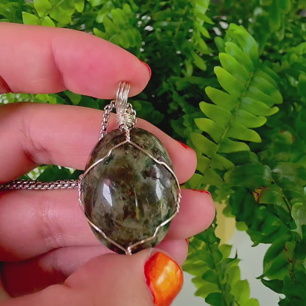 Ocean Jasper Necklace, Stainless Steel Wire Wrapped Pendant, Orbicular Jasper, Green Stone Jewelry