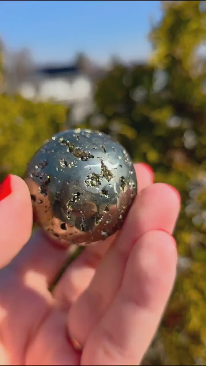 Druzy Pyrite Sphere | Sparkling Fool’s Gold Crystal Ball | Natural Metallic Mineral Specimen Decor